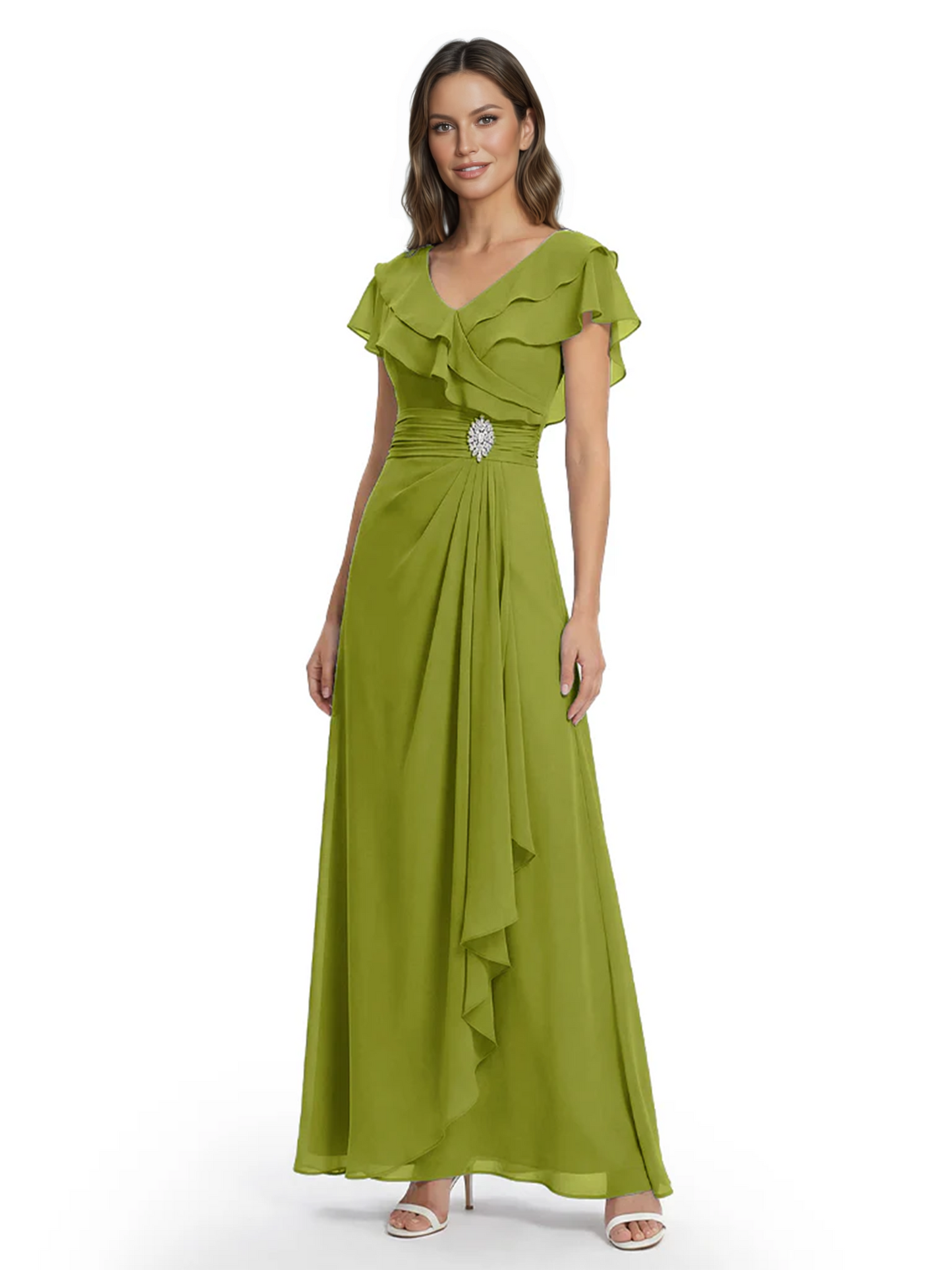 Elegant Mother of the Groom Dress Cascading Ruffle Chiffon Formal Gown Rhinestone