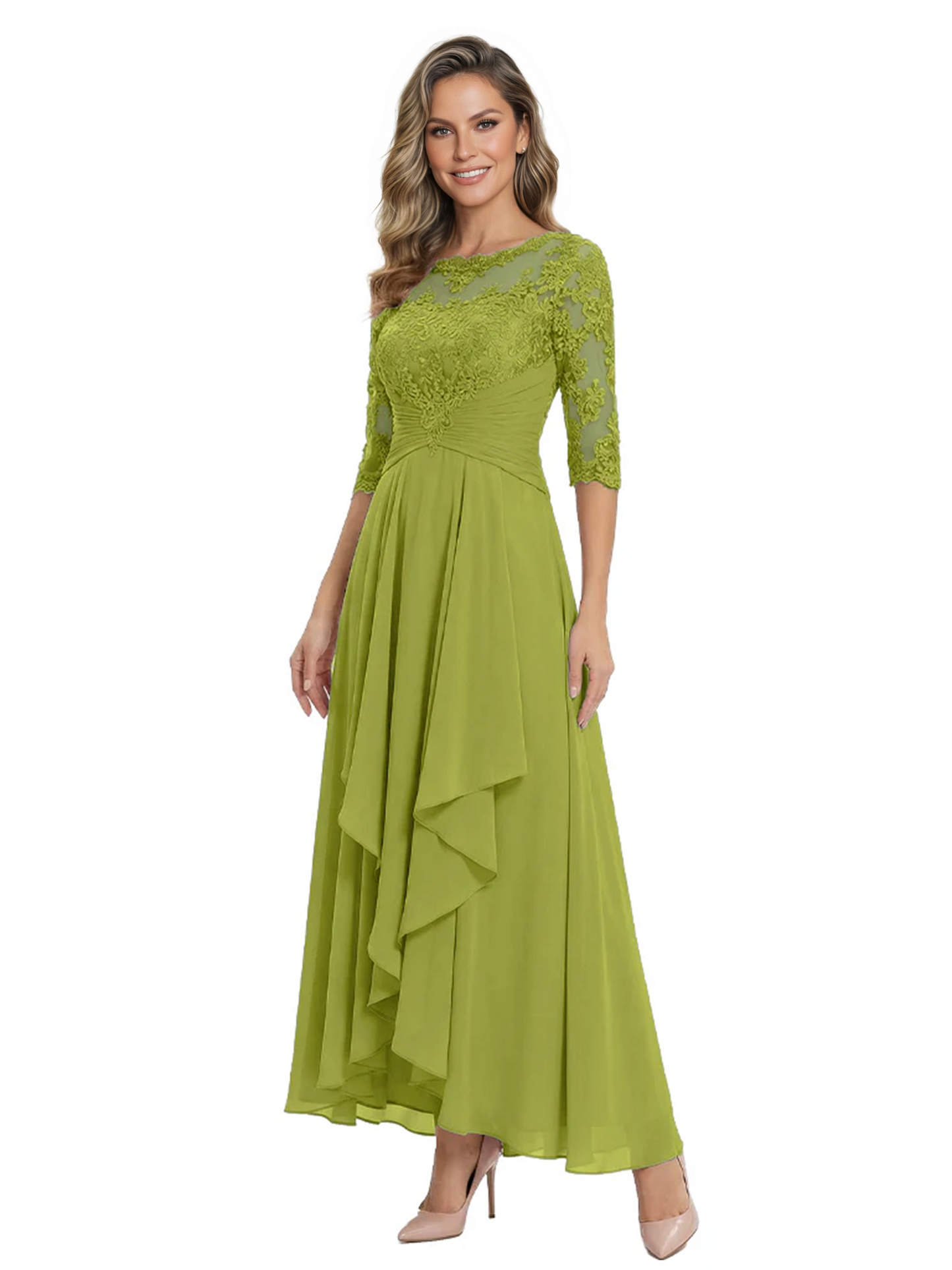 3/4 Sleeve Mother of the Bride Dress with Lace Embroidery High-Low Hem 2026