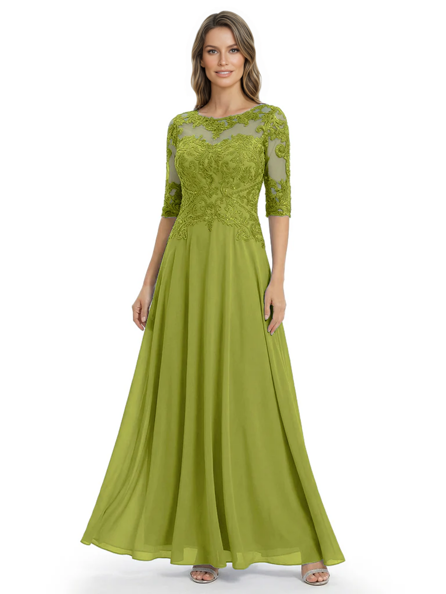 Illusion Neck Mother of the Bride Dress Half Sleeve Lace Applique Gowns Chiffon