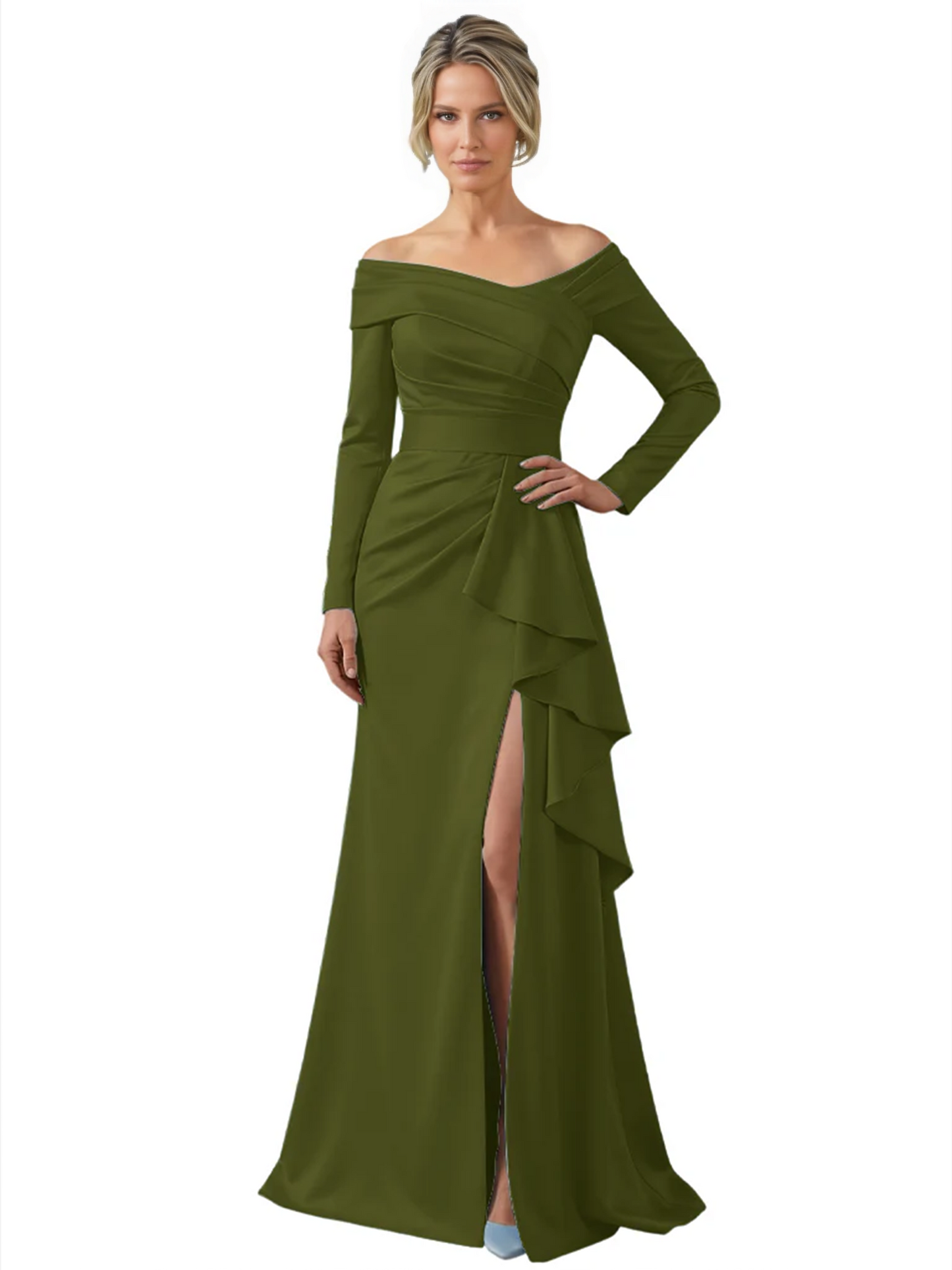 Elegant Mother of the Groom Dress Cascading Ruffle Satin Gown with High Slit Long Sleeves