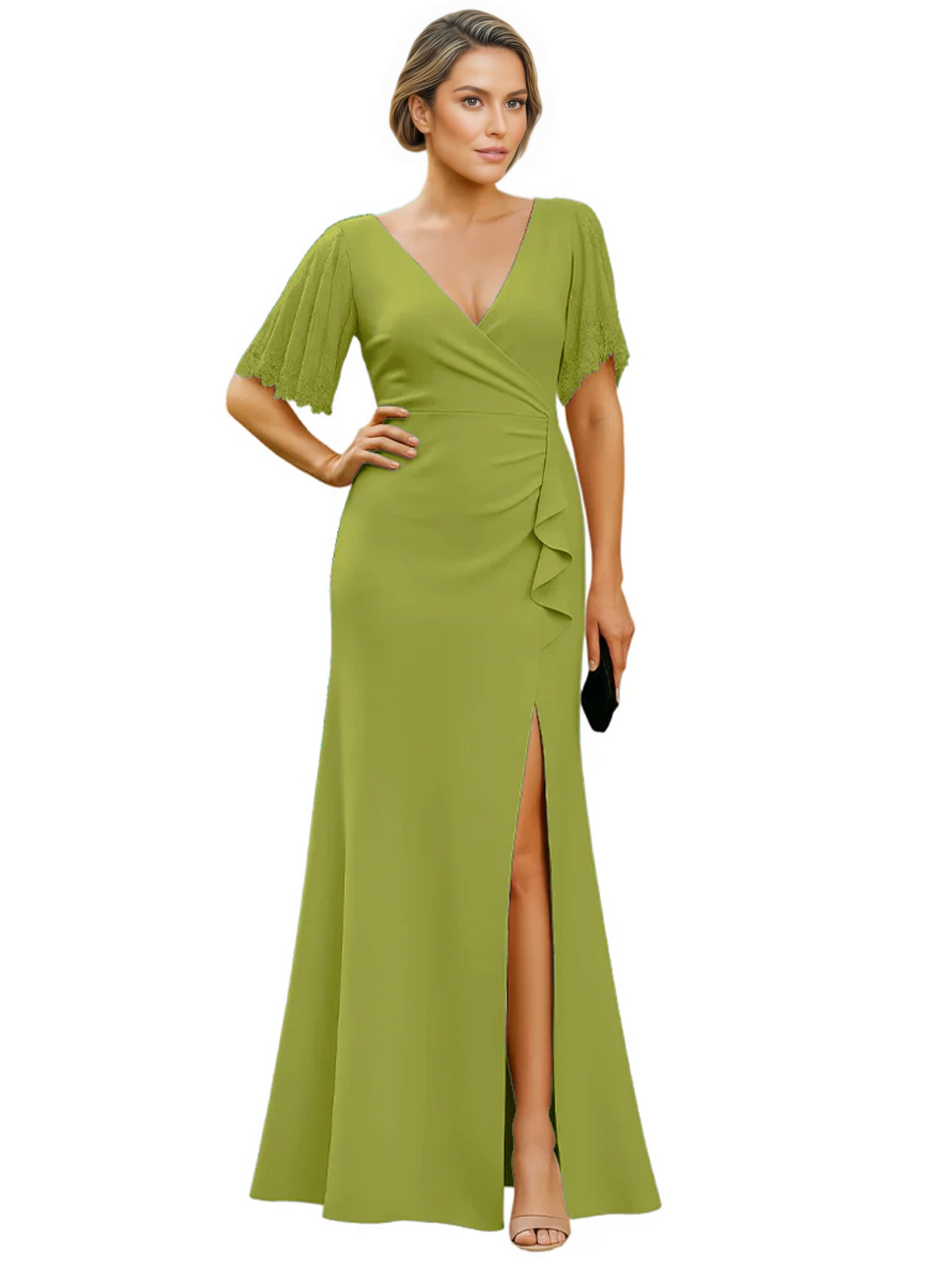 Elegant Evening Gown Trending V-Neck & Ruffle Detail Mother of Bride Outfits Slit