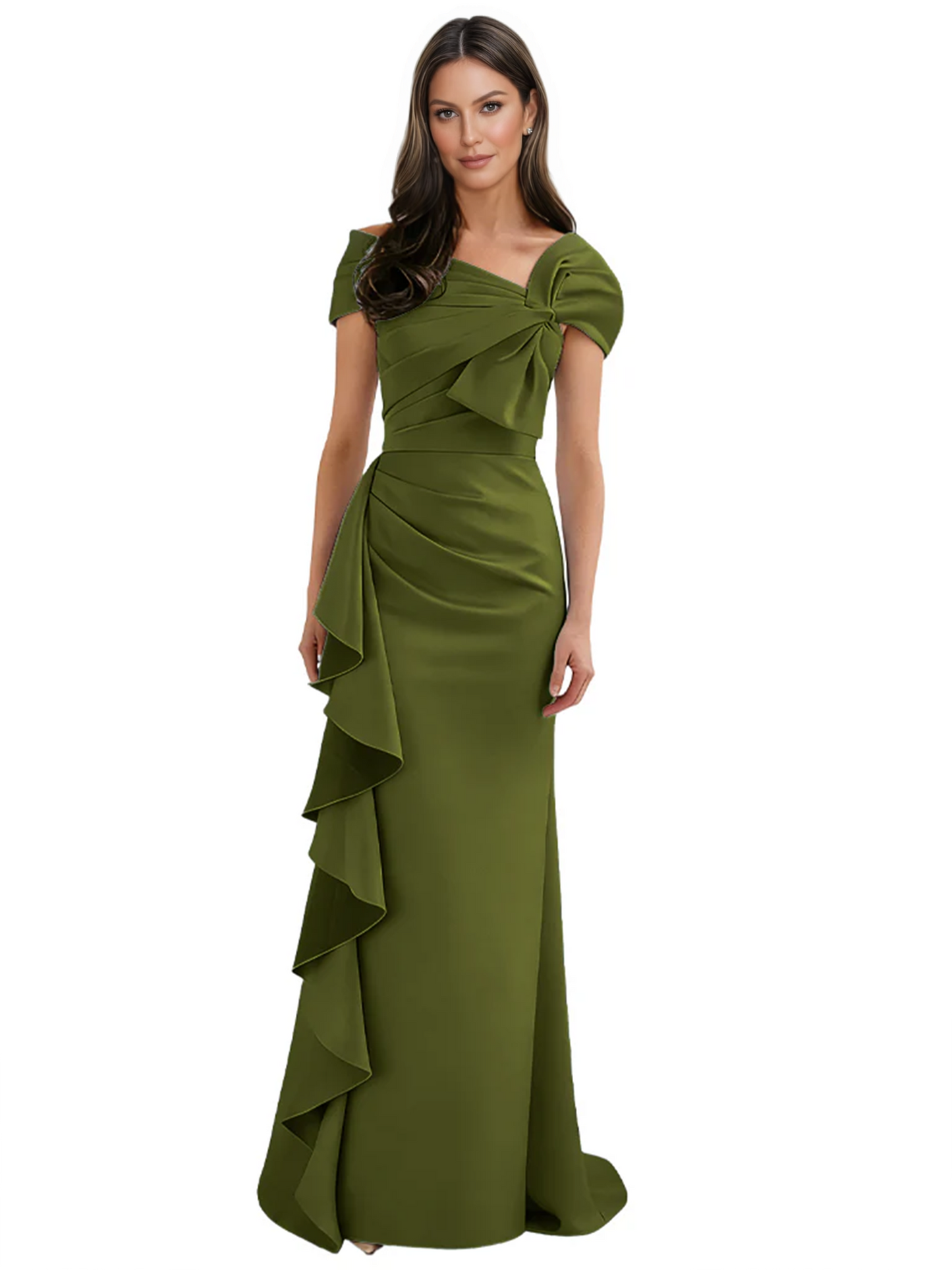 Elegant Mother of Bride Dress Formal Gowns Mermaid Ruffle Floor Length Asymmetric Neckline