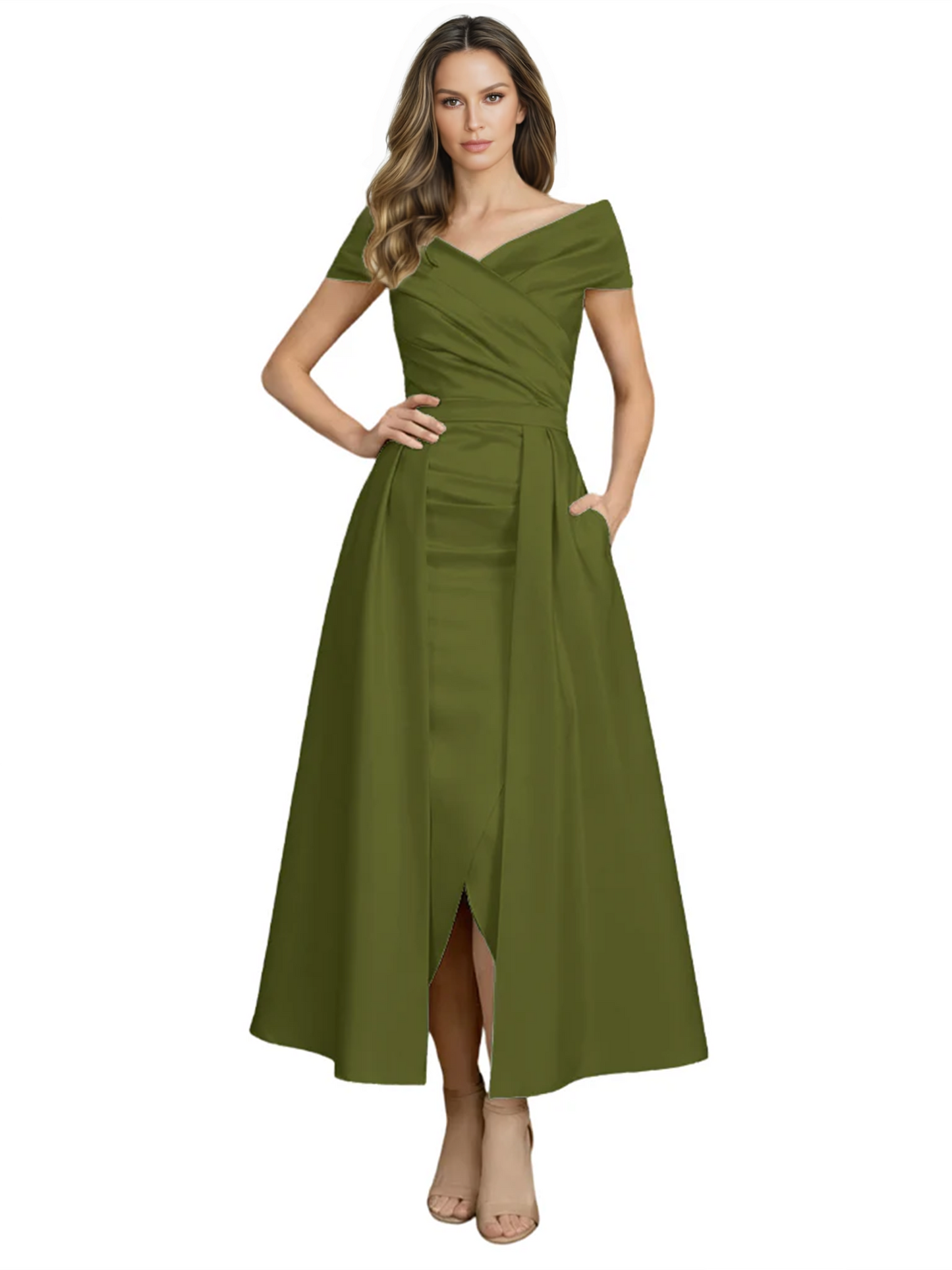 Formal Floor-Length Mother of the Bride Gown Satin Maxi Dress with Slit Off Shoulder