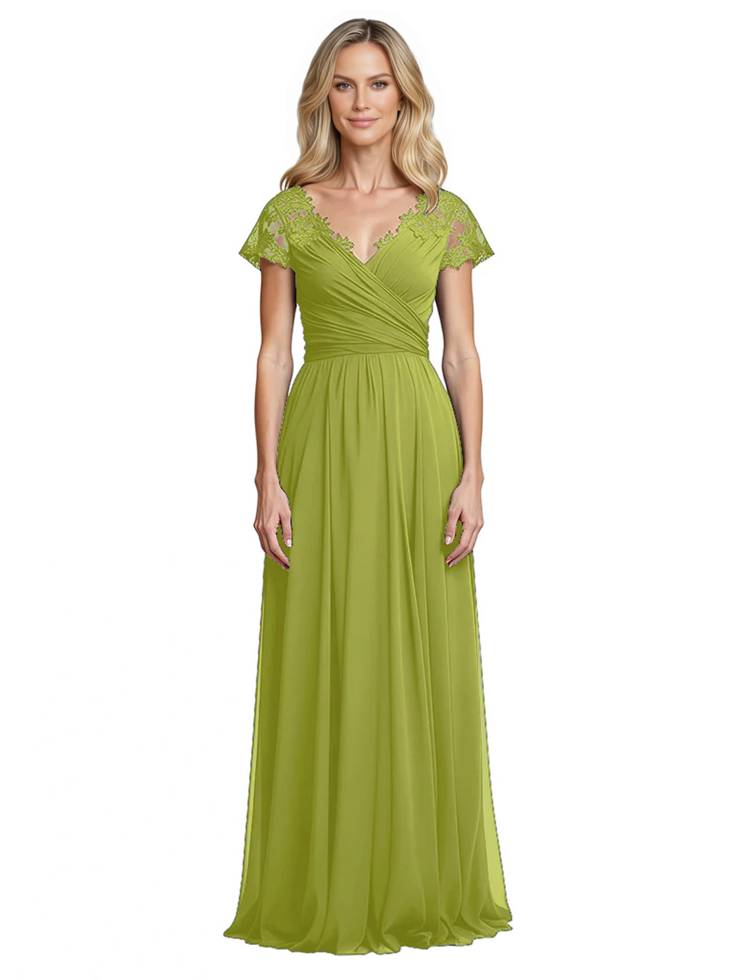 Mother of the Bride Dress Cap Sleeves and V-Neckline with Embroidered Lace Shoulders