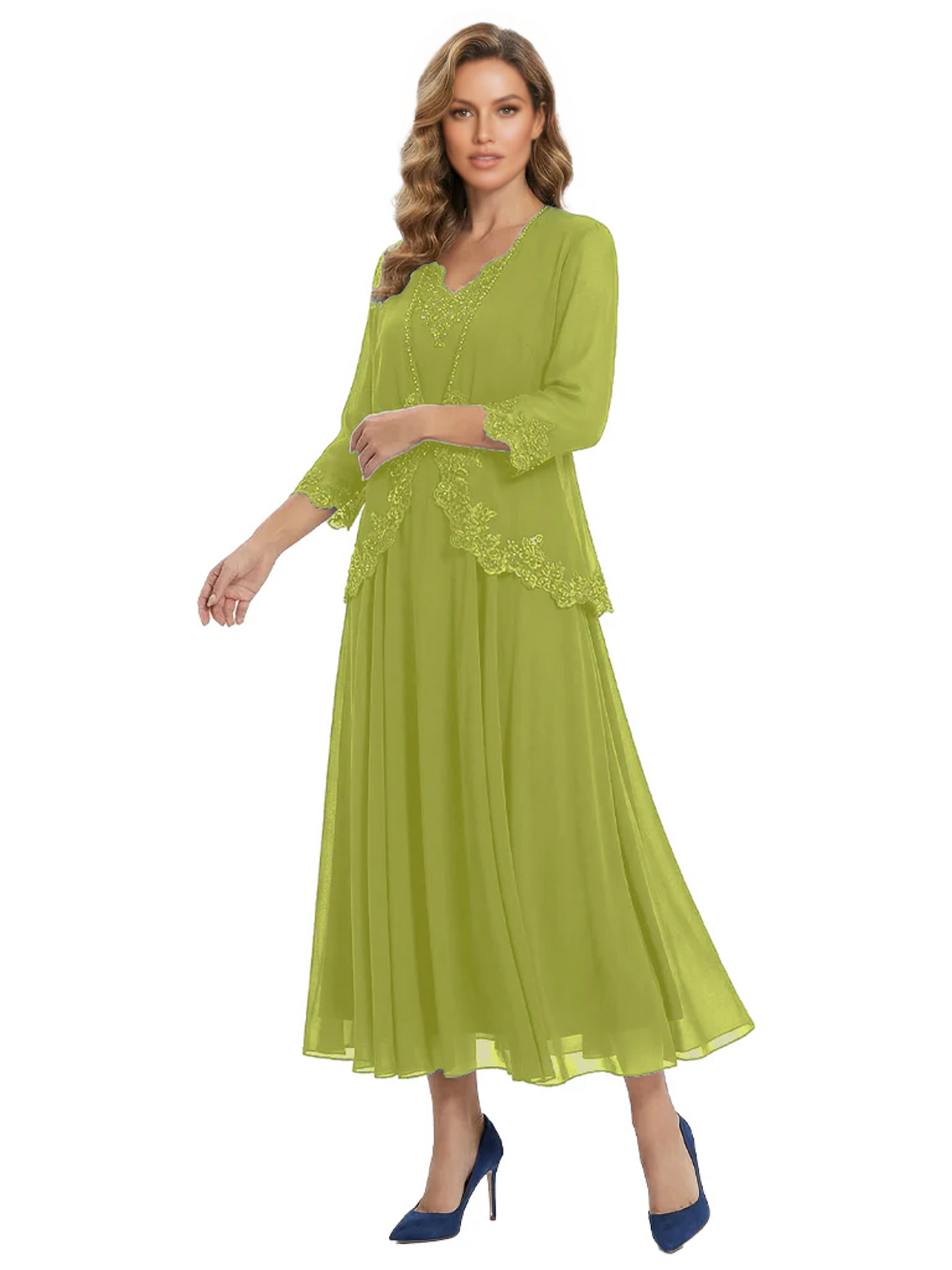 3/4 Sleeve Chiffon Mother of the Brides Dresses V-Neck Wedding Party Gowns