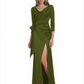 Elegant Evening Gowns Slit Trending Styles Satin Slit Formal Dress Cowl Neckline Gown Tie