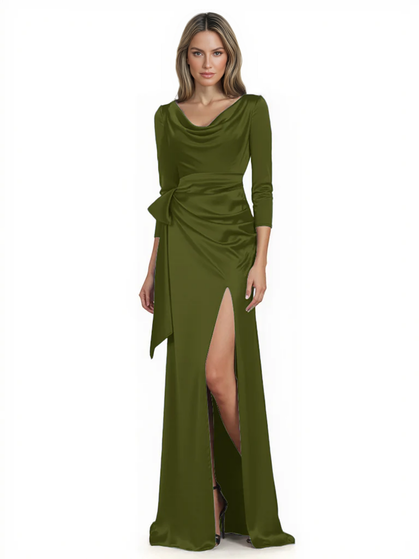 Elegant Evening Gowns Slit Trending Styles Satin Slit Formal Dress Cowl Neckline Gown Tie