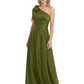One-Shoulder Mother of the Bride Dress Satin Gown with Bow Ruched Empire Waist