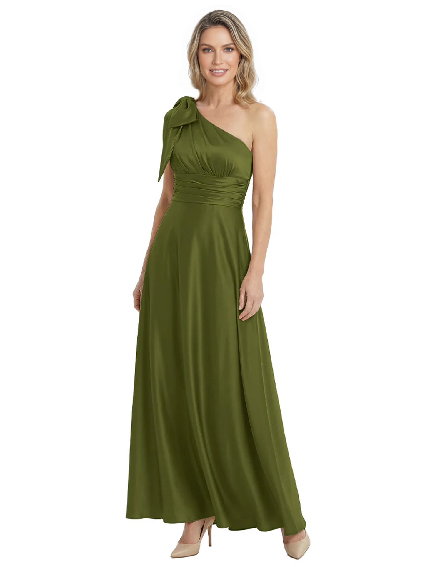 One-Shoulder Mother of the Bride Dress Satin Gown with Bow Ruched Empire Waist