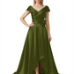 Off Shoulder Mother of the Bride Dress High-Low Satin Gown with Portrait Neckline