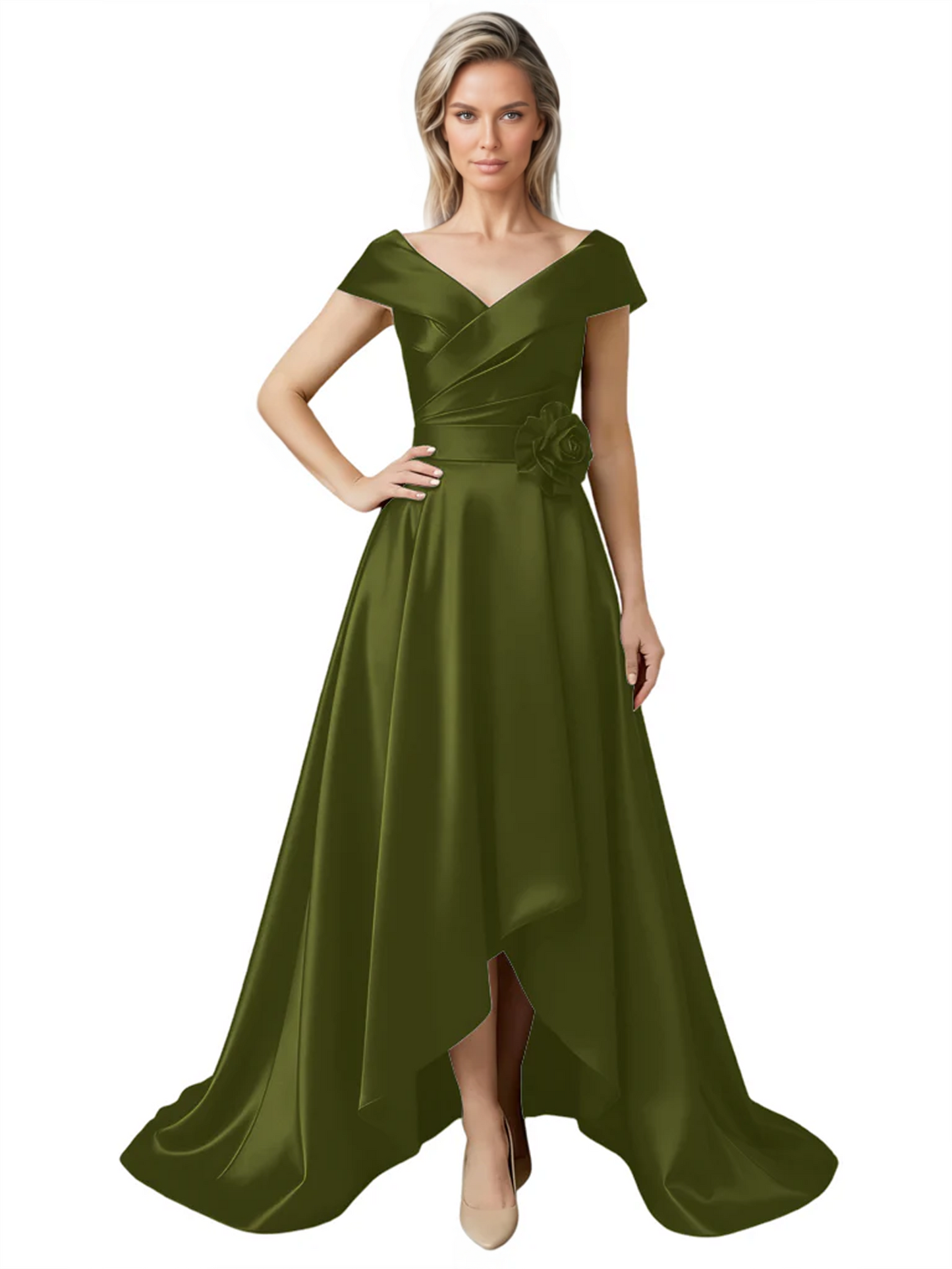 Off Shoulder Mother of the Bride Dress High-Low Satin Gown with Portrait Neckline