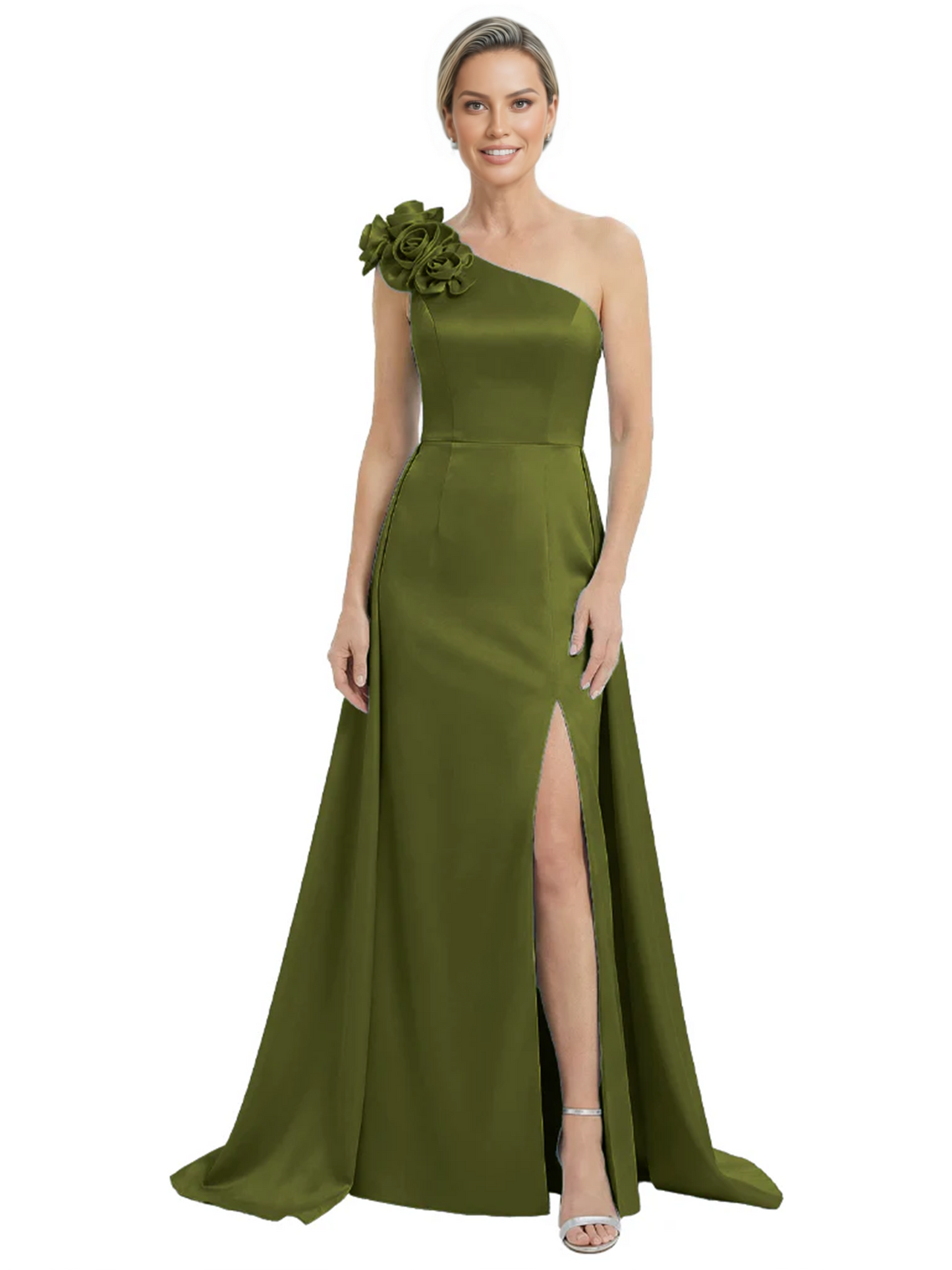 One Shoulder Mother of the Bride Dress with 3D Floral Detail Formal Dress A-Line Gowns with Slit