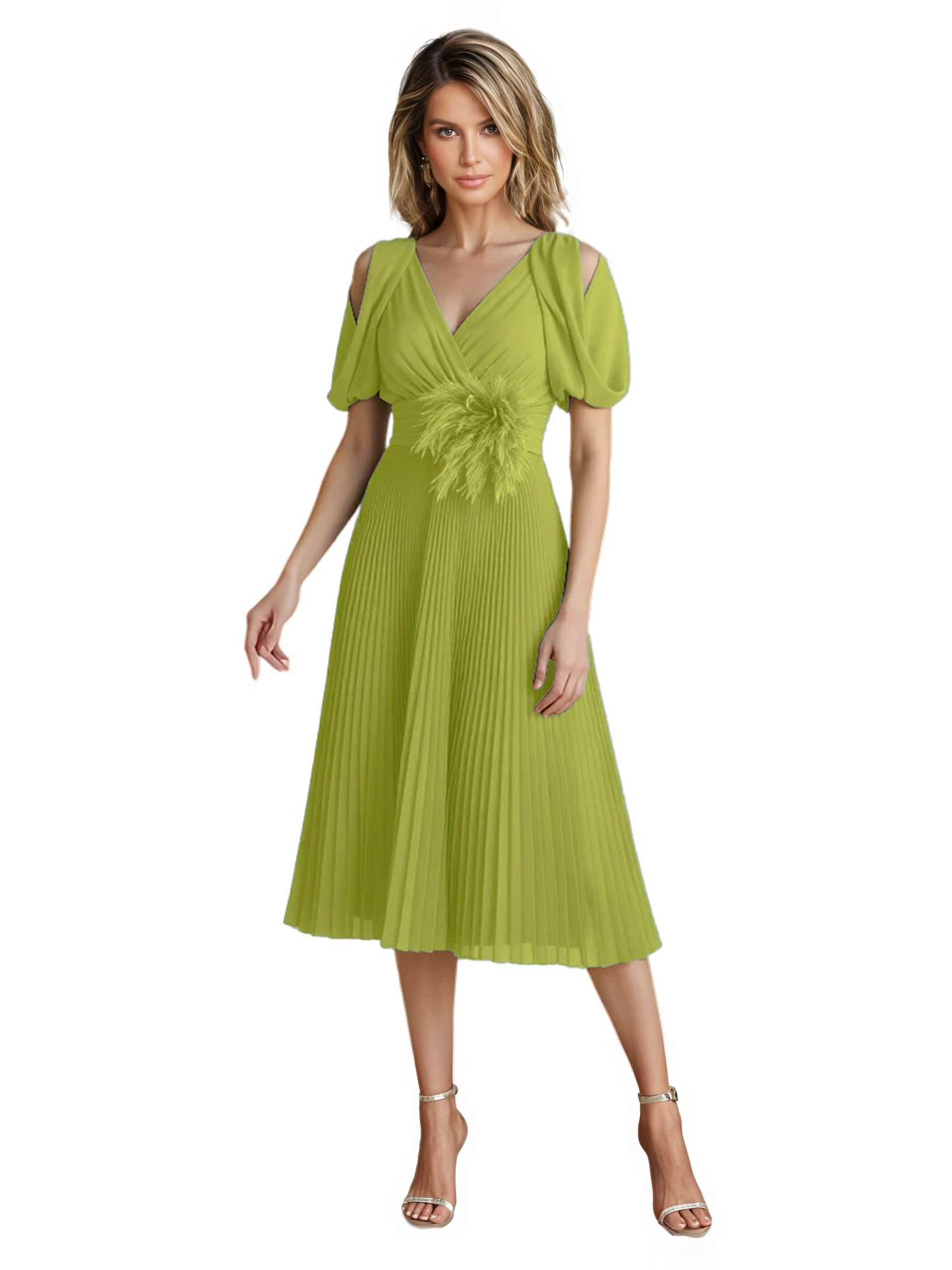 Wedding Formal Dress V-Neck Pleated Chiffon Gown with 3D Flower Accent Knee Length