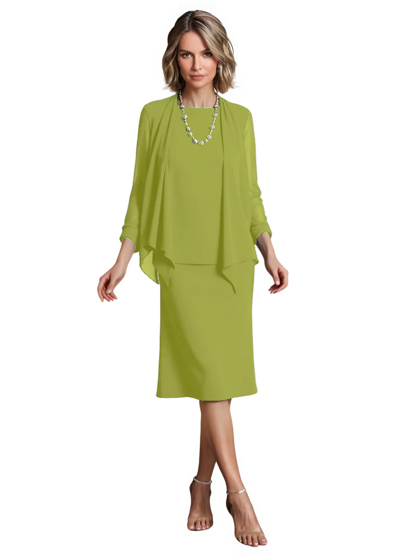 3 PCS Knee-Length Mother of Bride Dresses Prom Dress Evening Dress with Sheer Sleeves and Jacket