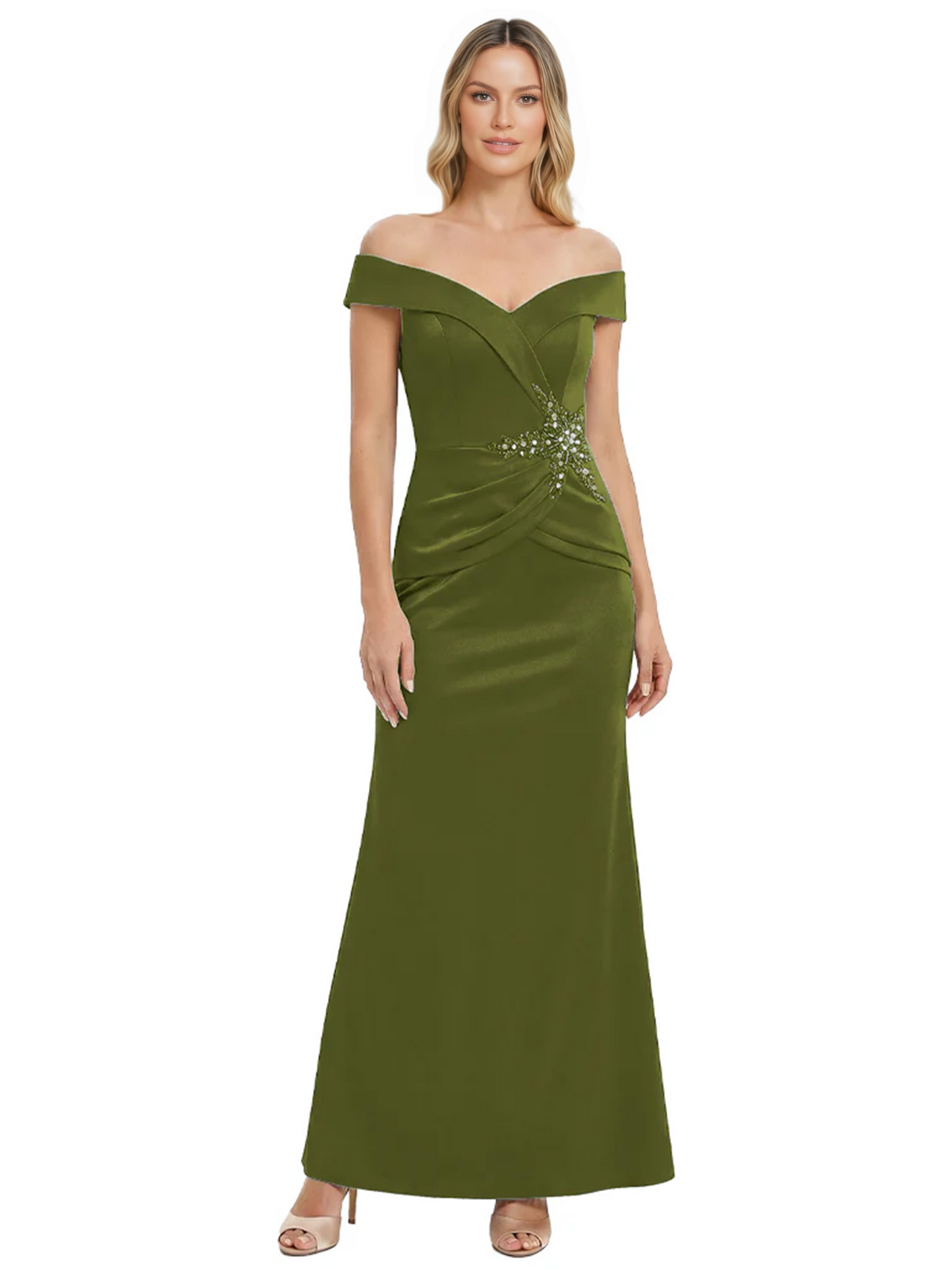 Off Shoulder Mother of the Bride Dress Beaded Waist Satin Gown Portrait Neckline