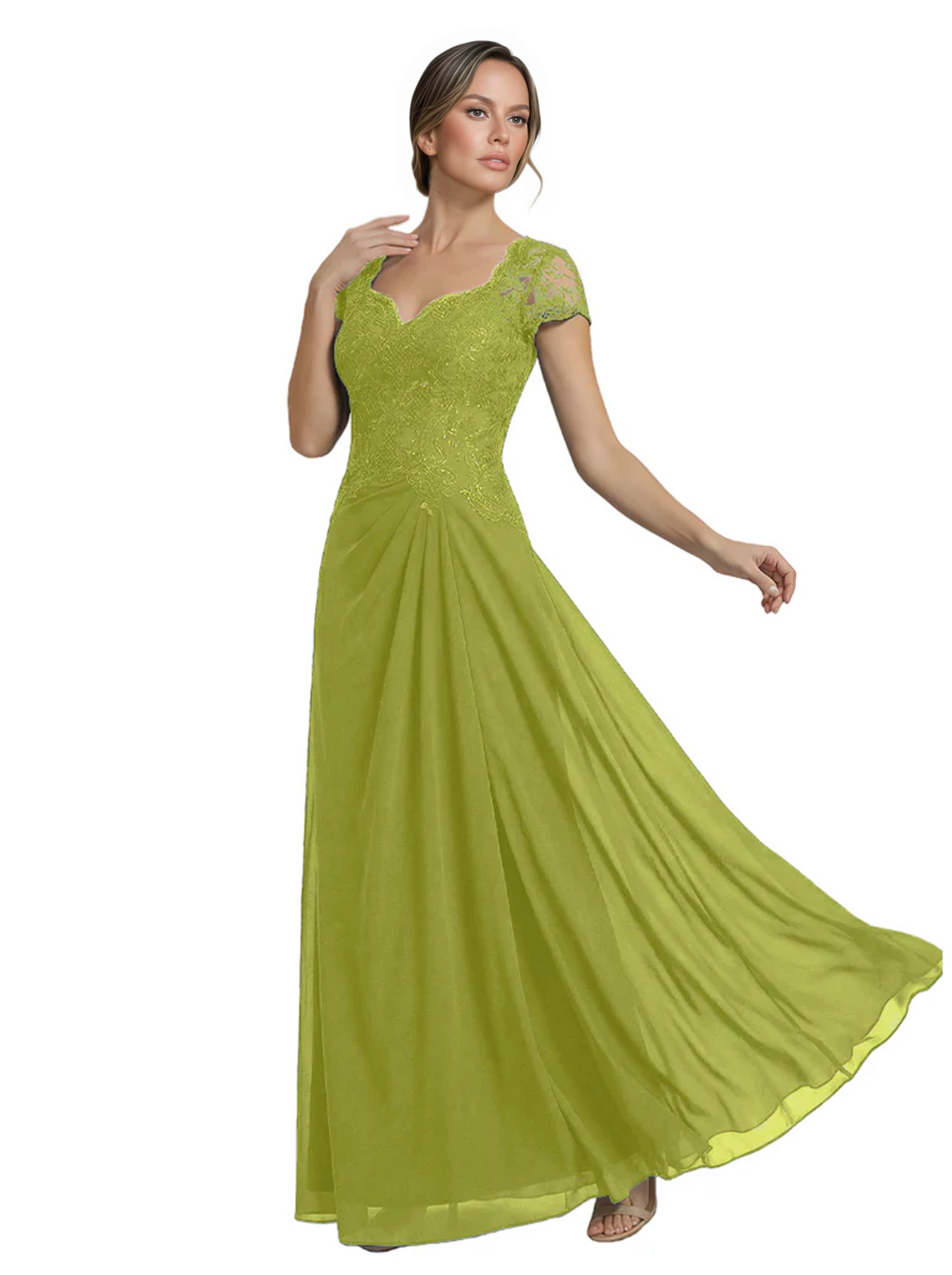 Long A-line Chiffon Short Sleeves Mother of the Brides Dresses Lace Wedding