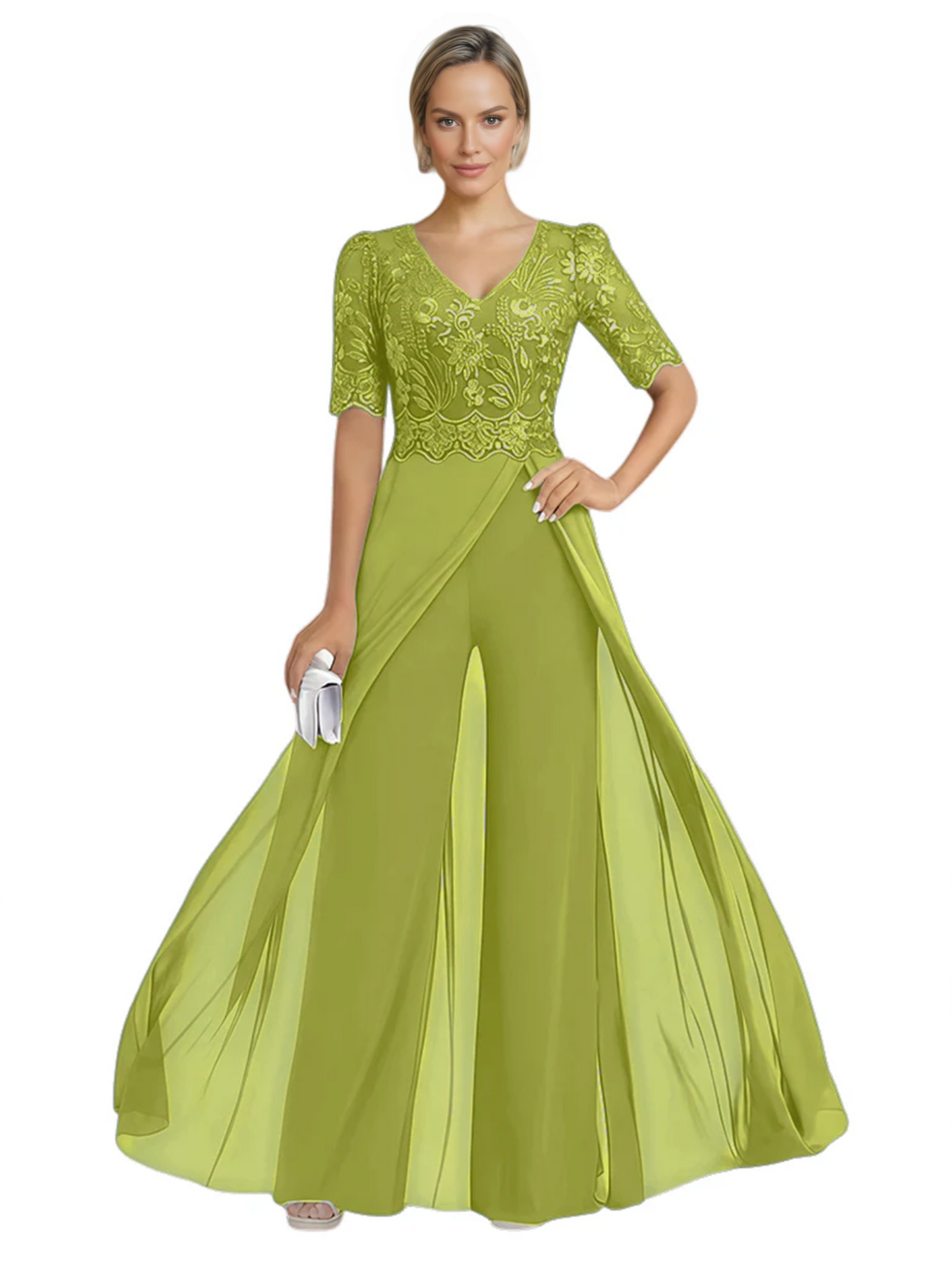 V-Neck Chiffon Mother of the Brides Jumpsuits Dresses Floor Length A-Line Lace