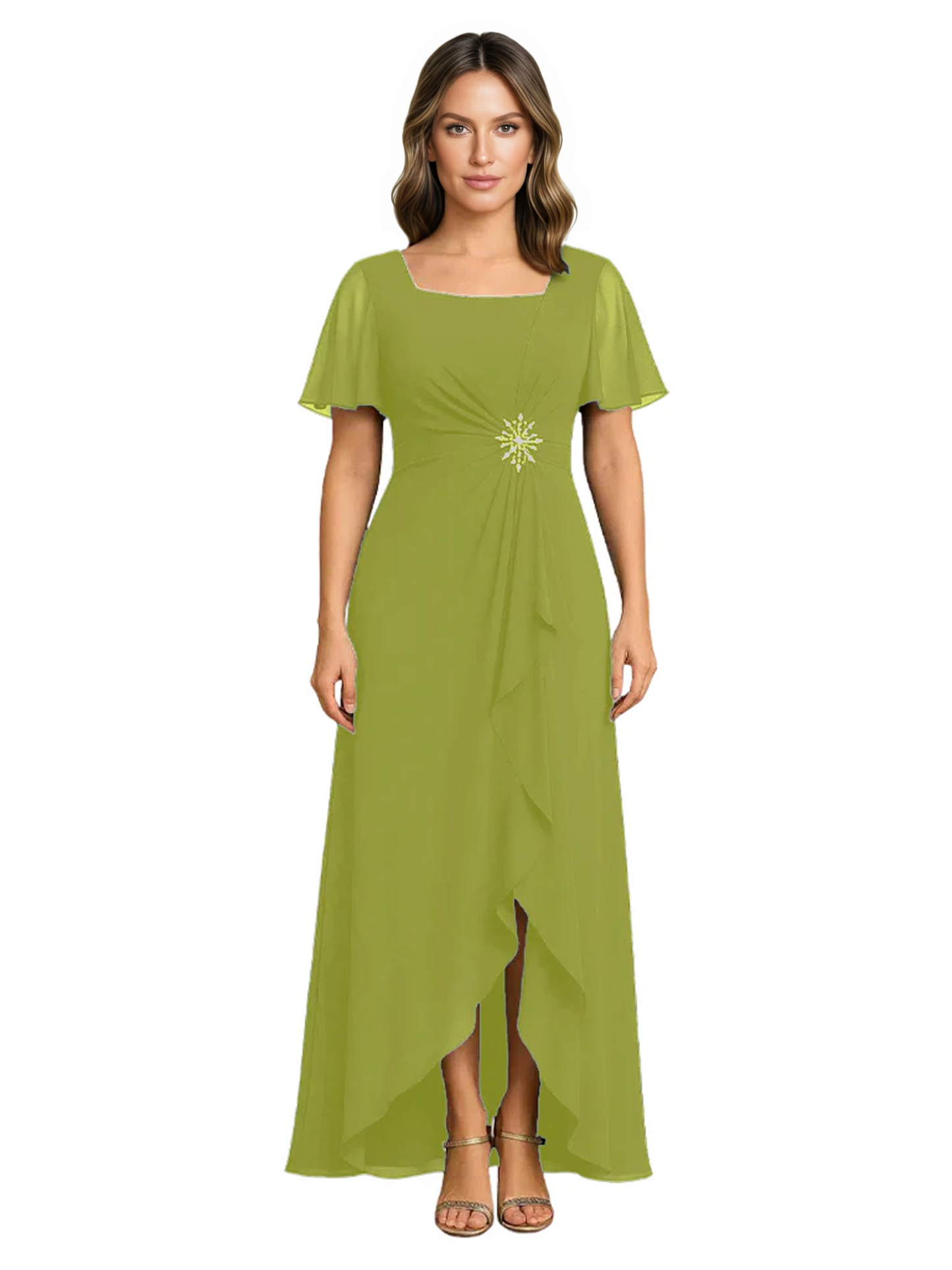 Formal High-Low Mother of the Bride Gown Sleeved Chiffon Maxi Dress Ruched Waist