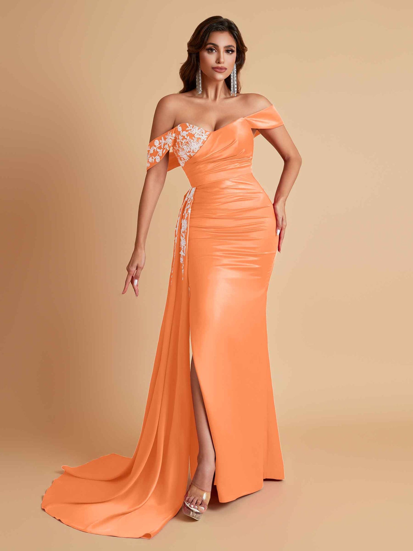 Elegant Soft Satin Mermaid Off Shoulder Floor-Length Mermaid Bridesmaid Dresses