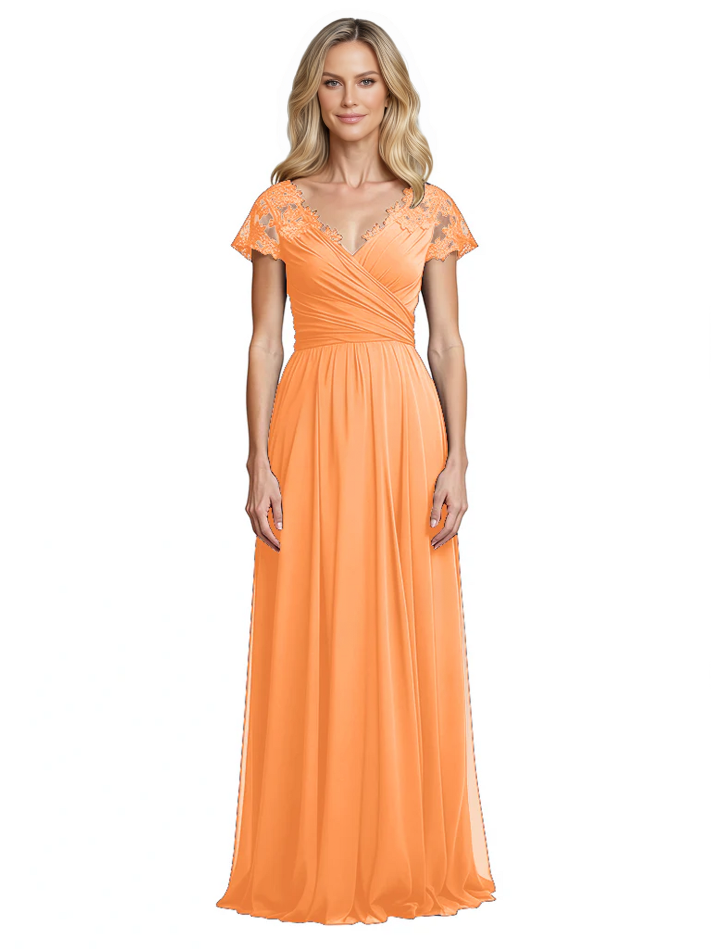 Mother of the Bride Dress Cap Sleeves and V-Neckline with Embroidered Lace Shoulders