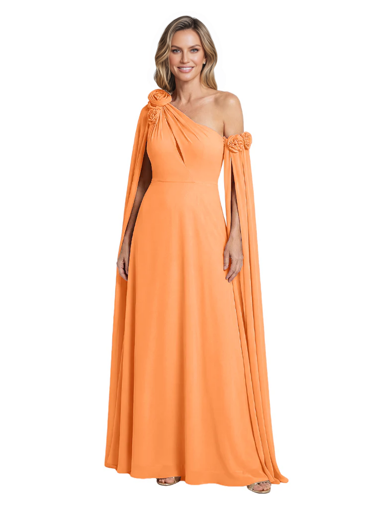 One Shoulder Mother of the Bride Dress Asymmetrical Cape Sleeve Gown with Floral