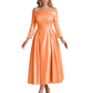 Off Shoulder Mother of the Bride Dress Tea-Length Satin Gown with Lace Applique