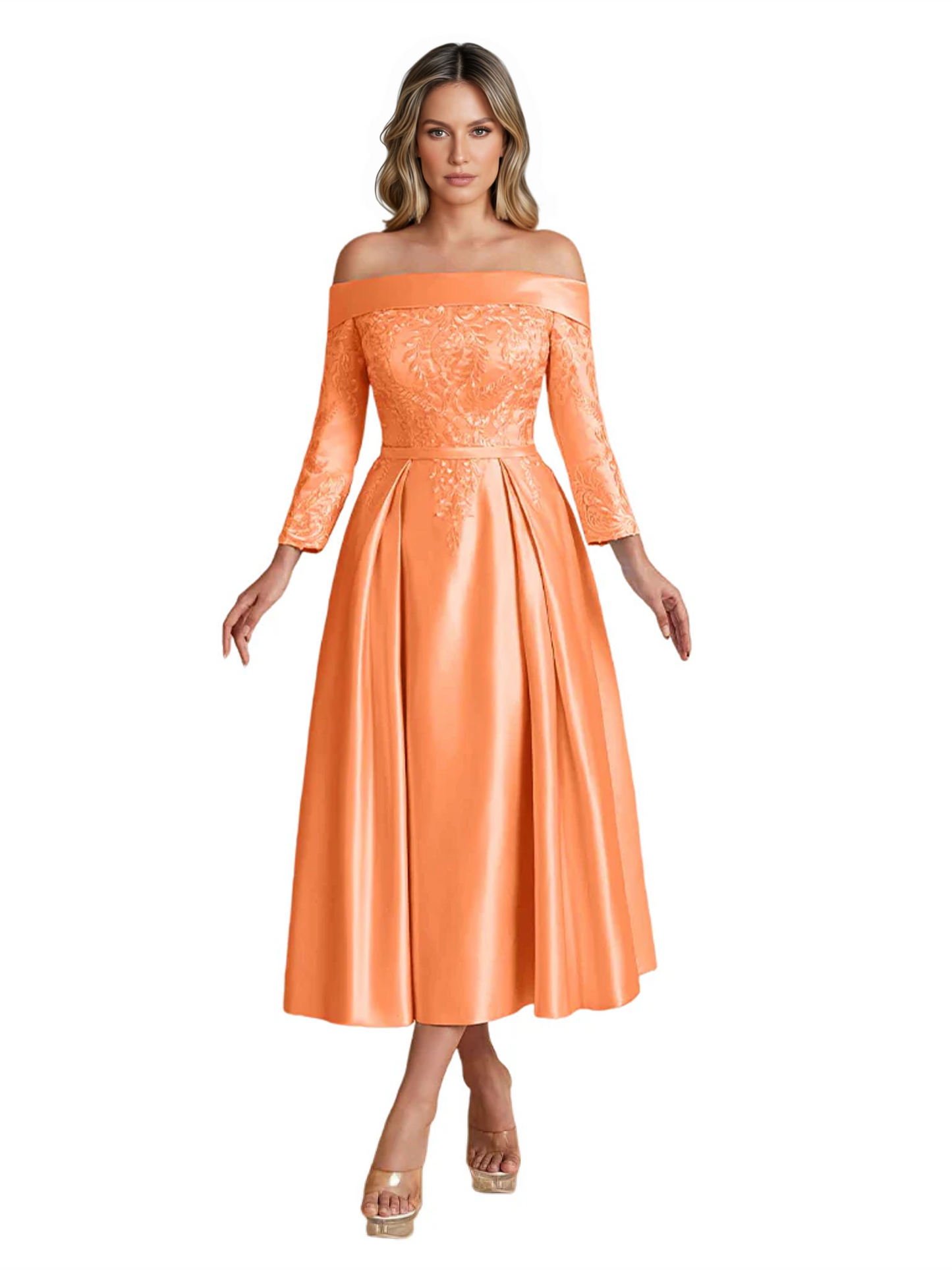 Off Shoulder Mother of the Bride Dress Tea-Length Satin Gown with Lace Applique
