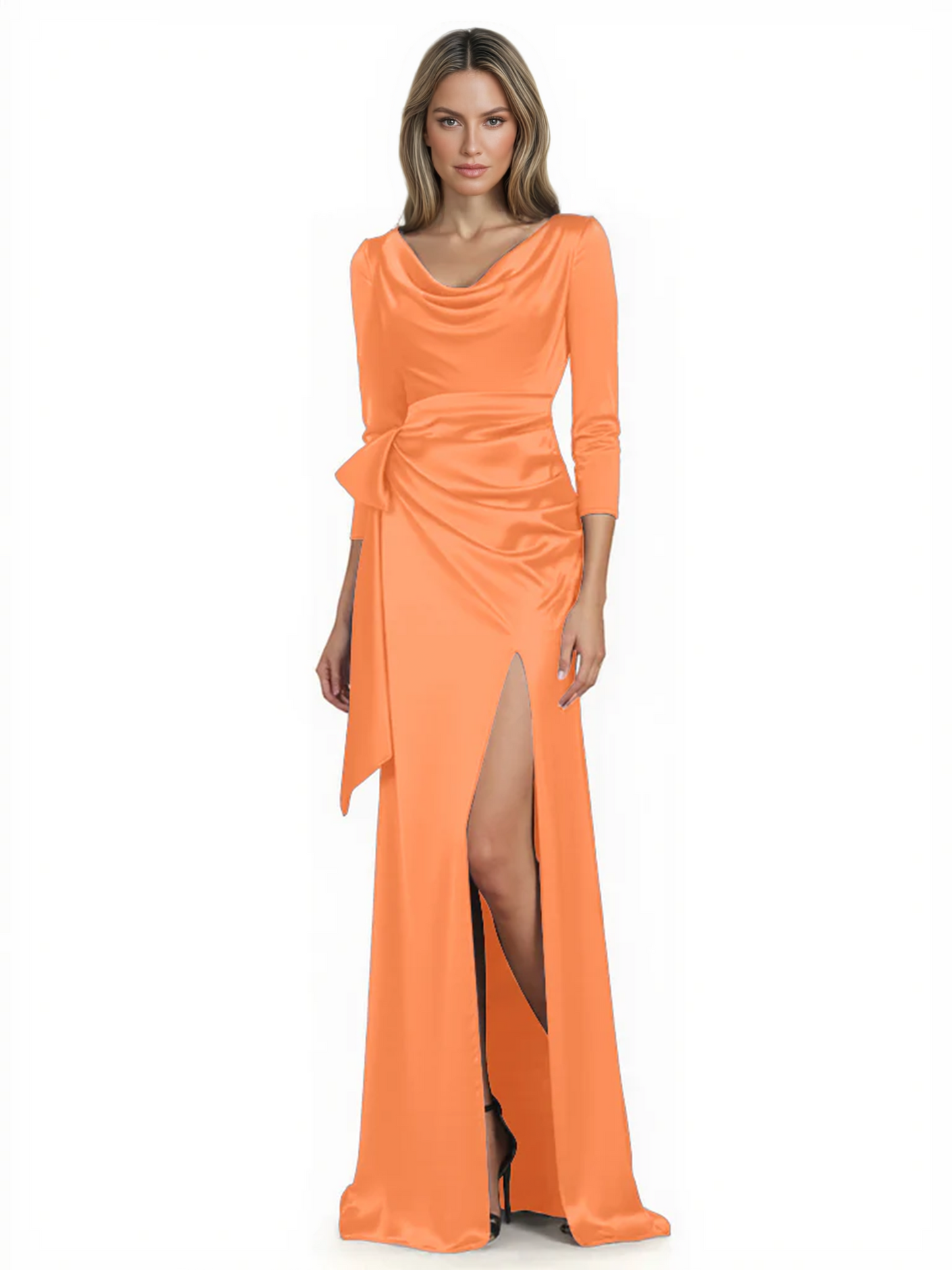 Elegant Evening Gowns Slit Trending Styles Satin Slit Formal Dress Cowl Neckline Gown Tie