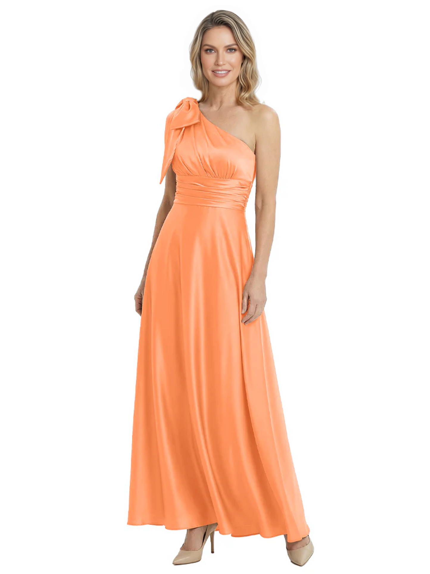 One-Shoulder Mother of the Bride Dress Satin Gown with Bow Ruched Empire Waist