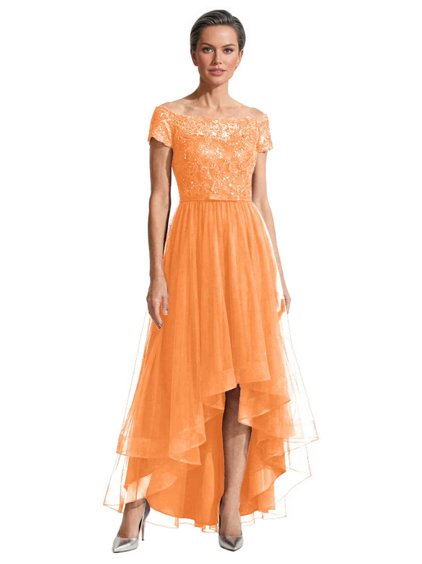 Formal High-Low Mother of the Bride Gown Short Sleeve Lace Maxi Dress with Tiered Skirt