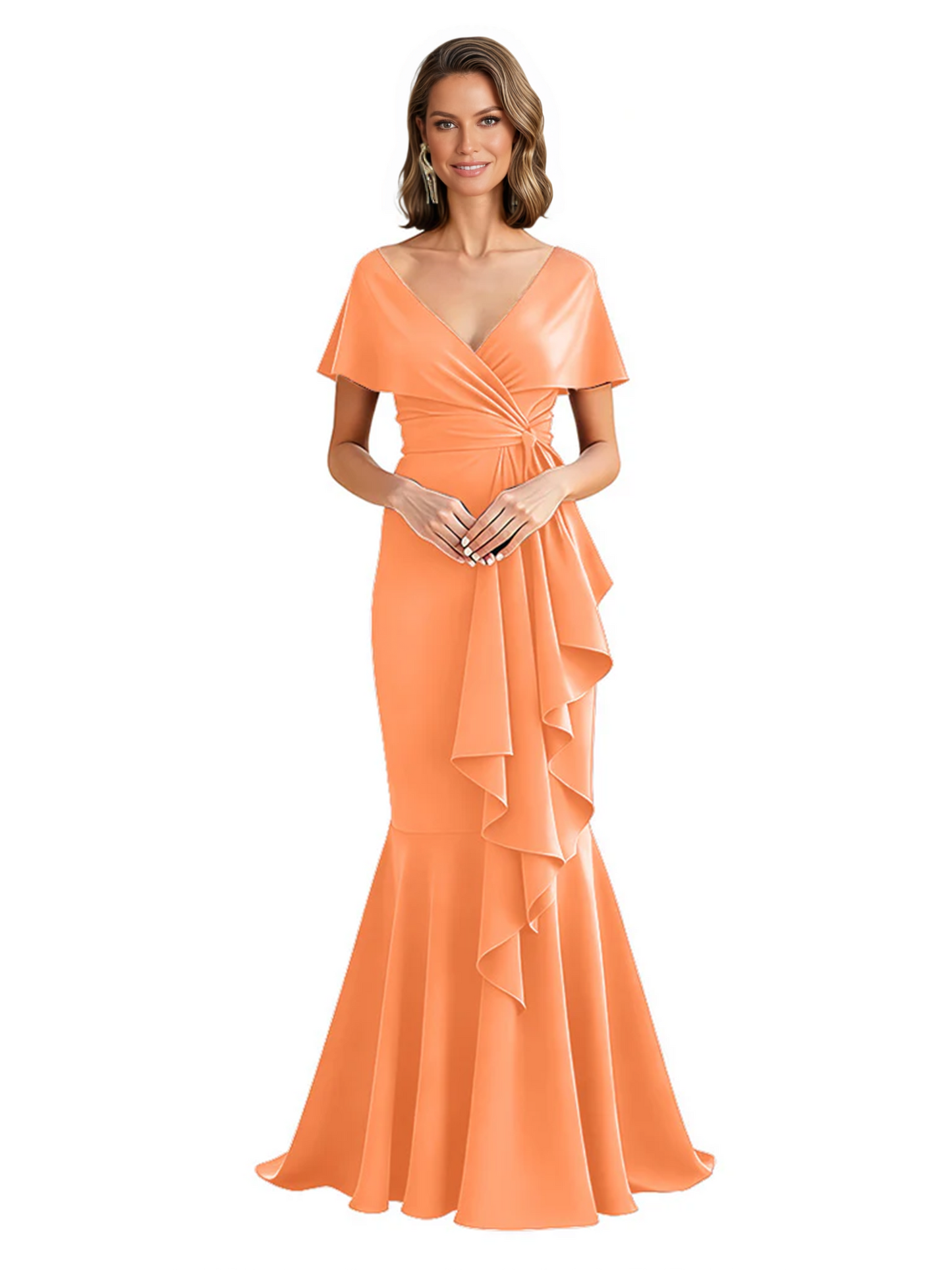 Satin Mother of the Bride Dress with Cascading Ruffles and Mermaid Tail V-Neck