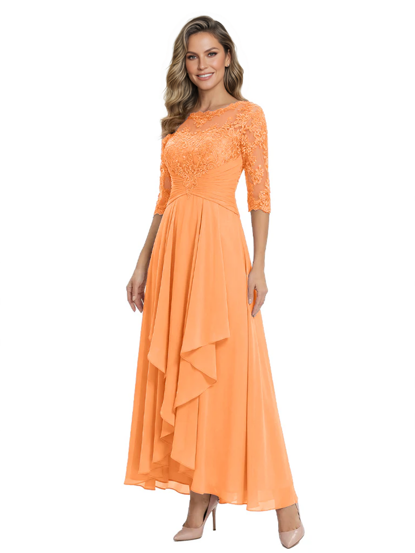 3/4 Sleeve Mother of the Bride Dress with Lace Embroidery High-Low Hem 2026