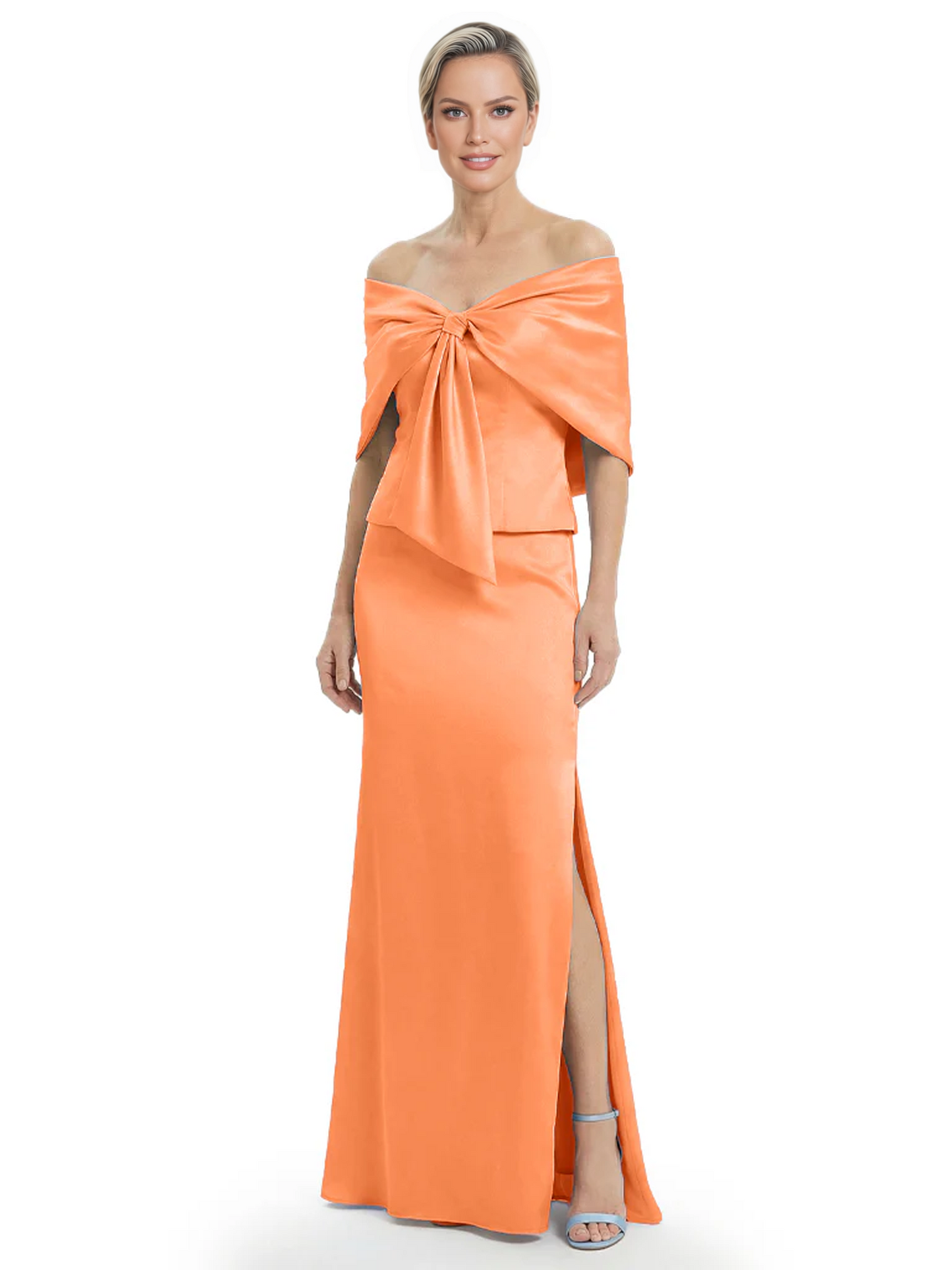 Formal Floor-Length Mother of the Bride Gown Satin Maxi Dress with Bow Neckline