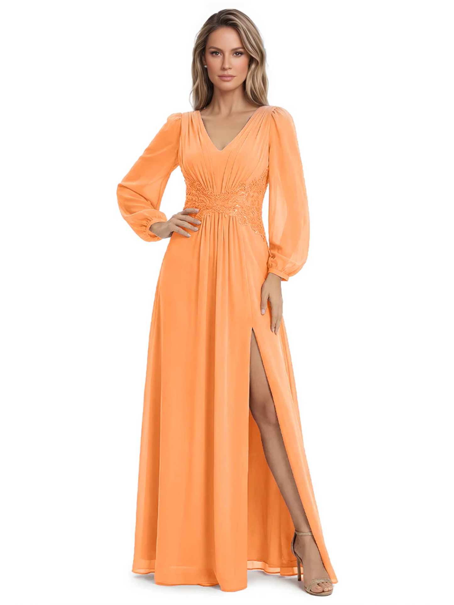 A-Line Mother of Bride Dress V-Neck Chiffon Gown Long Sleeves Slit Formal Dress
