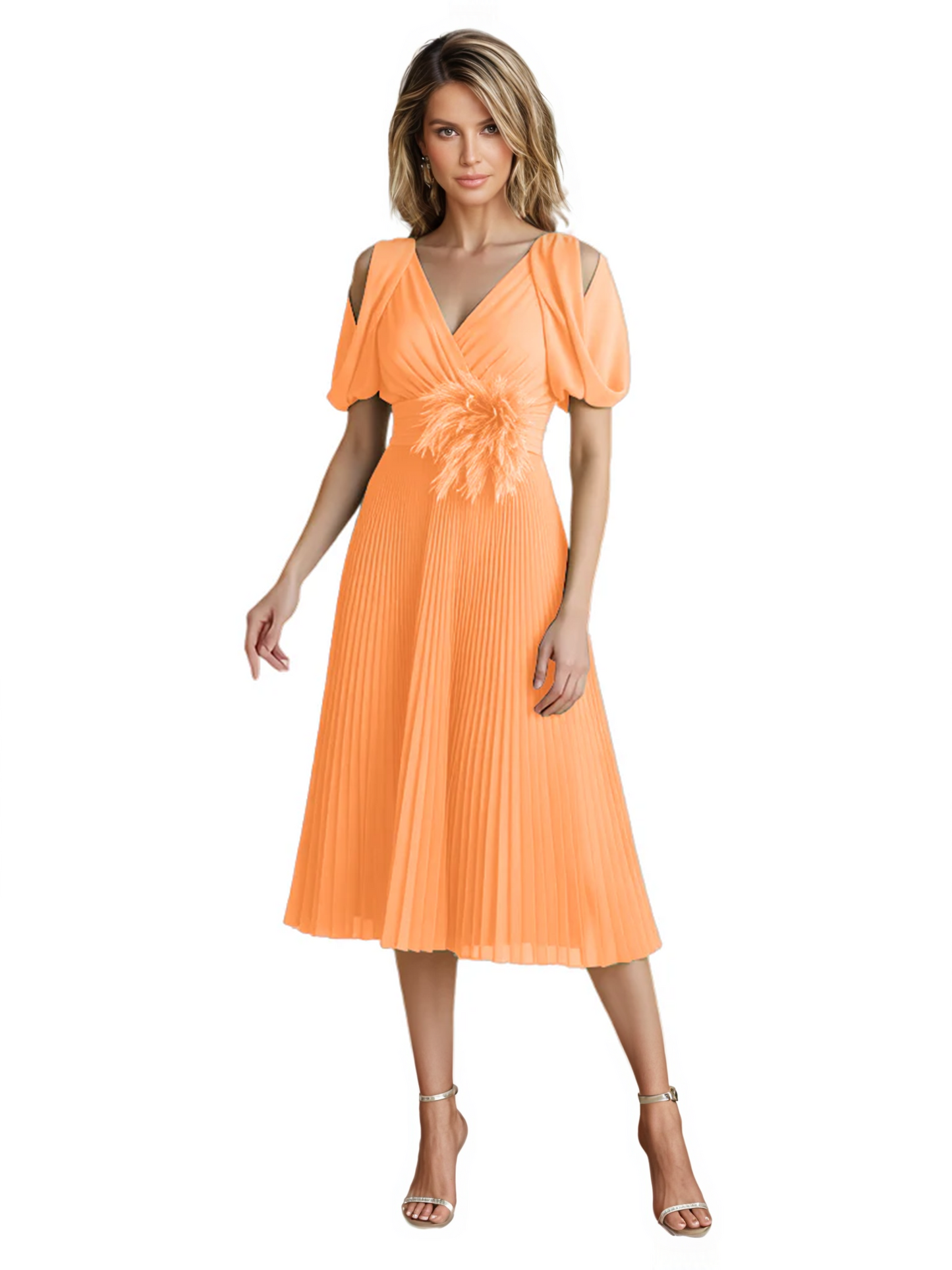 Wedding Formal Dress V-Neck Pleated Chiffon Gown with 3D Flower Accent Knee Length