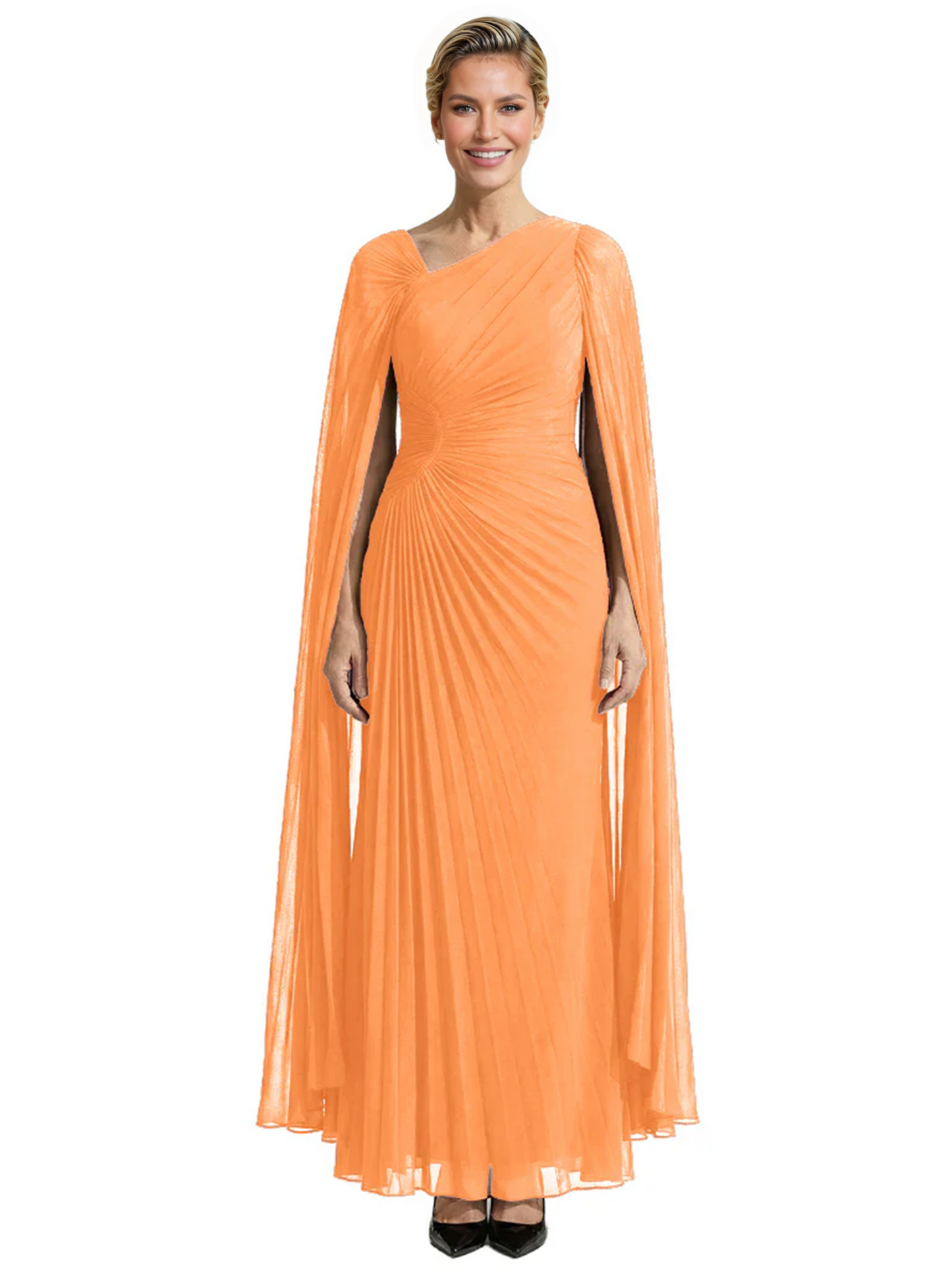 Elegant Asymmetric Neck Long A-Line Chiffon Mother of the Brides Dresses Mom Outfit with Cape