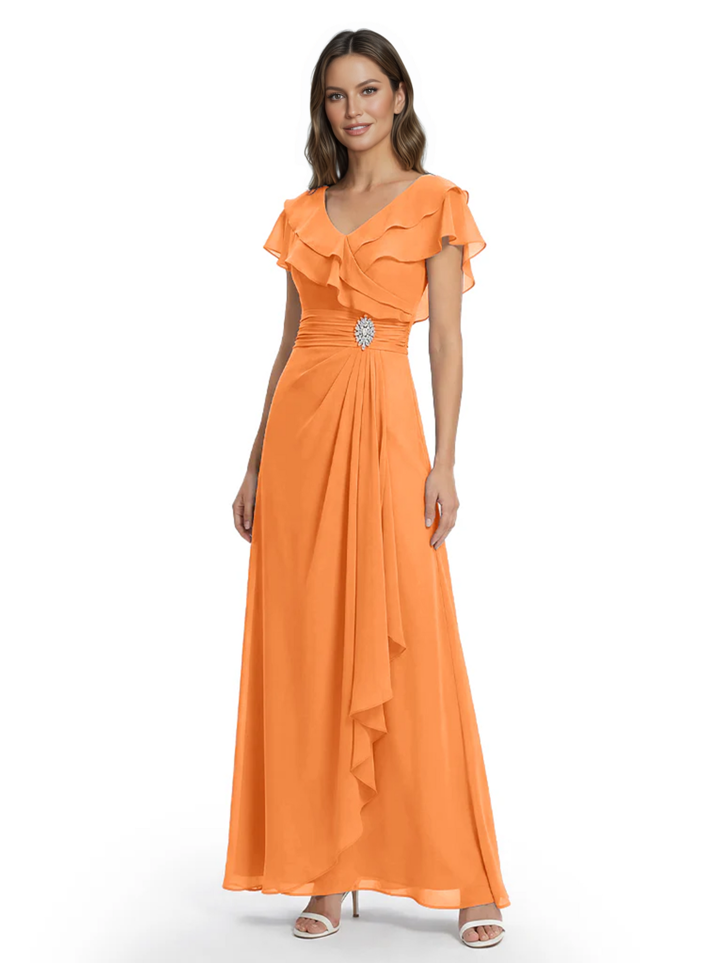 Elegant Mother of the Groom Dress Cascading Ruffle Chiffon Formal Gown Rhinestone