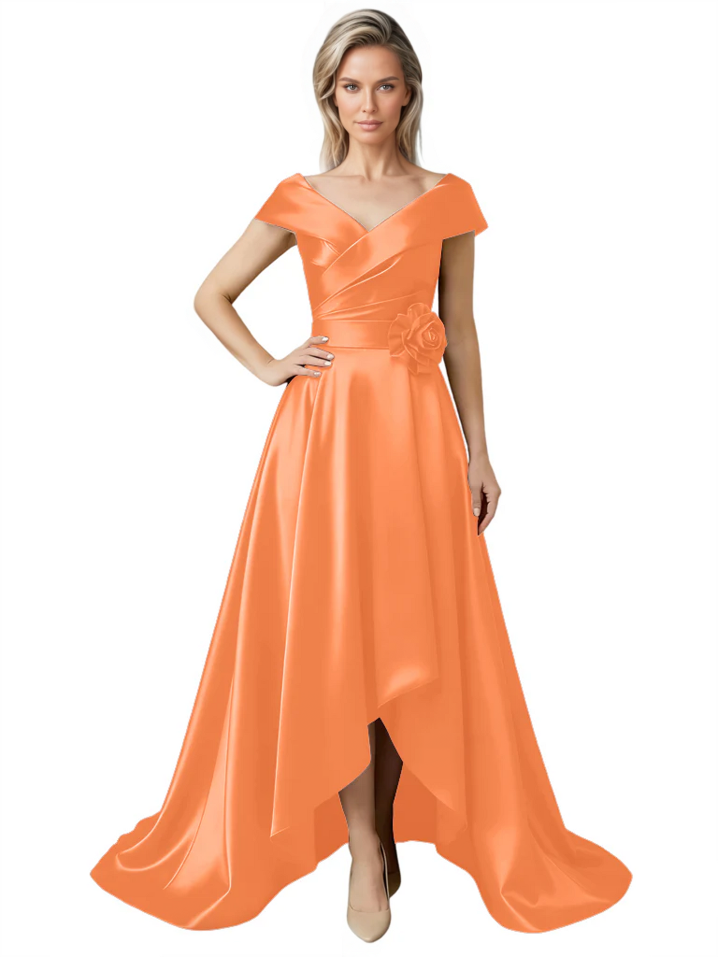Off Shoulder Mother of the Bride Dress High-Low Satin Gown with Portrait Neckline