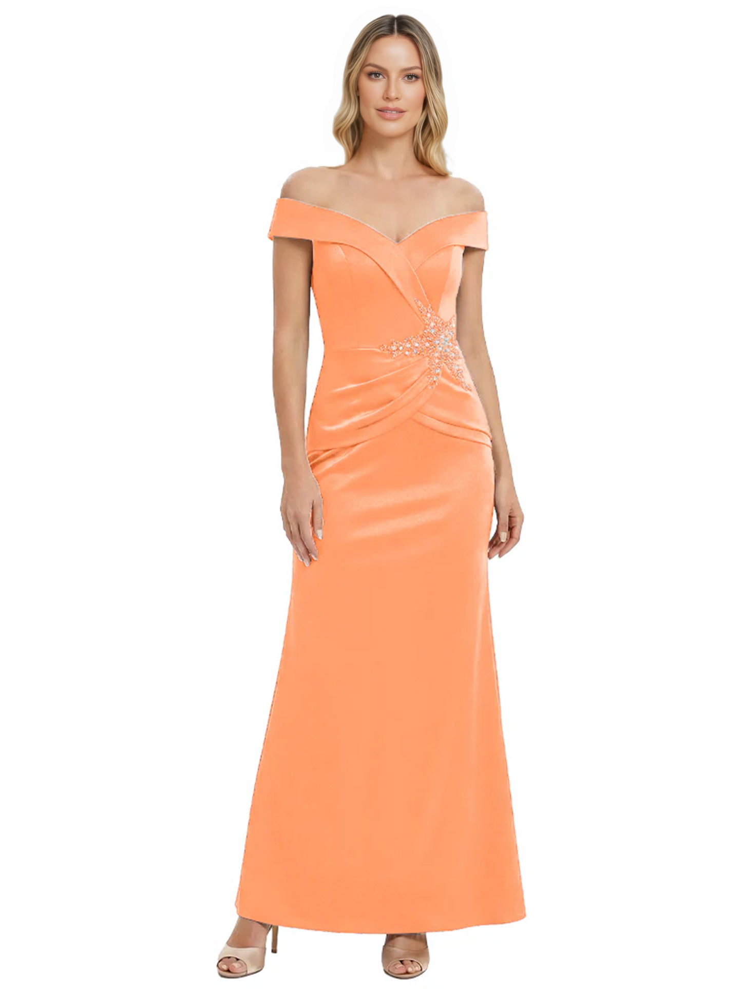 Off Shoulder Mother of the Bride Dress Beaded Waist Satin Gown Portrait Neckline