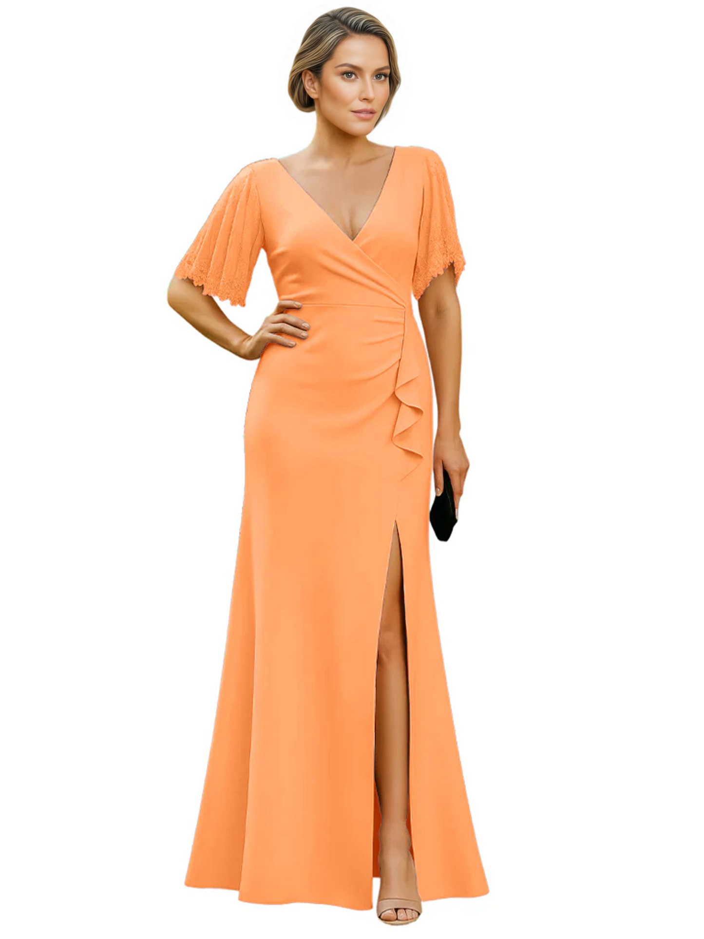 Elegant Evening Gown Trending V-Neck & Ruffle Detail Mother of Bride Outfits Slit