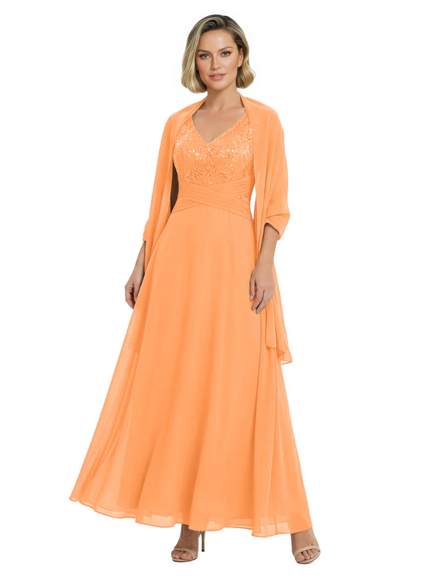 Luxury Formal Mother of Bride Dress Sparkling Sequin Top & Flowy Chiffon Skirt with Shawl