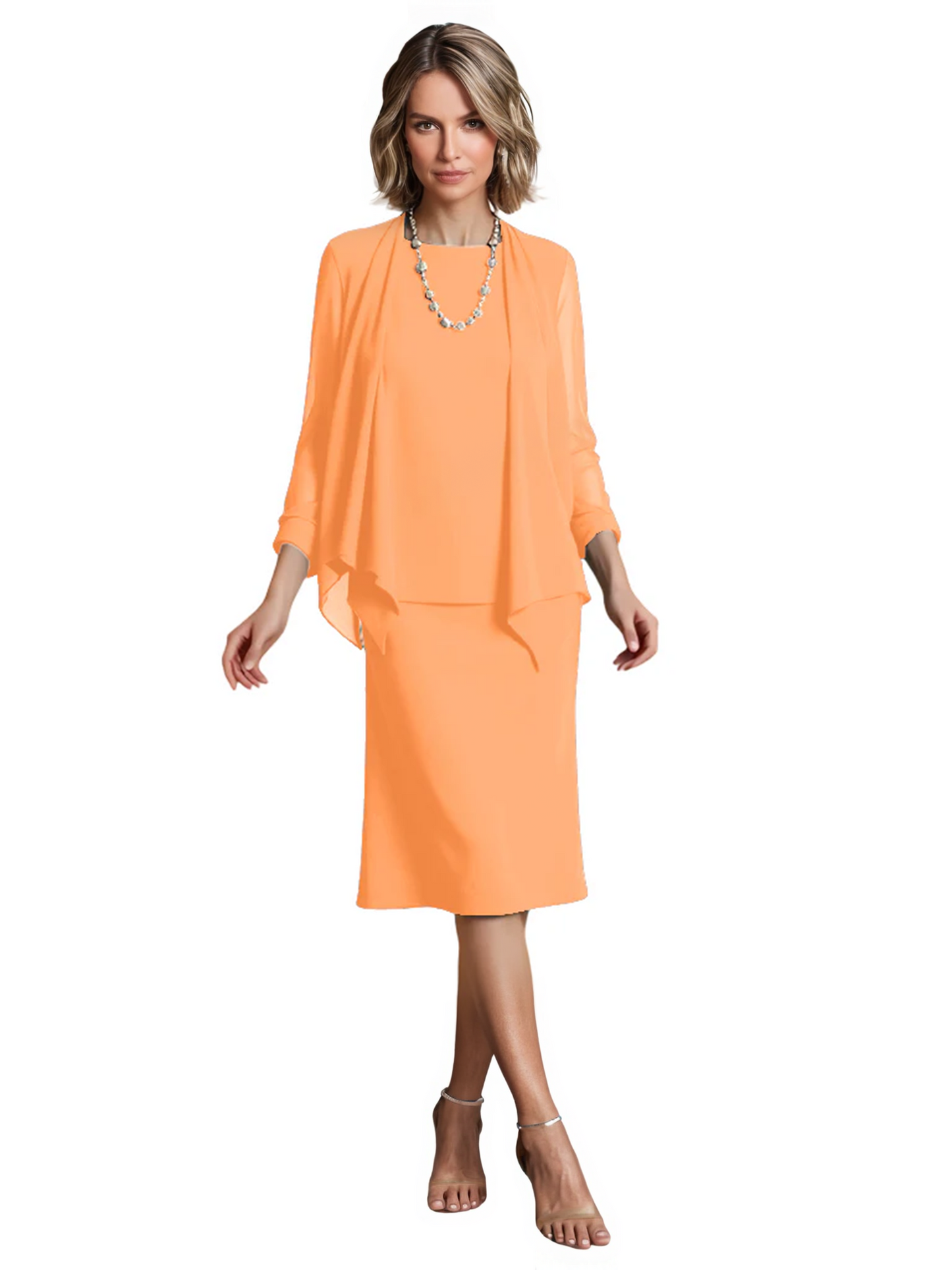 3 PCS Knee-Length Mother of Bride Dresses Prom Dress Evening Dress with Sheer Sleeves and Jacket
