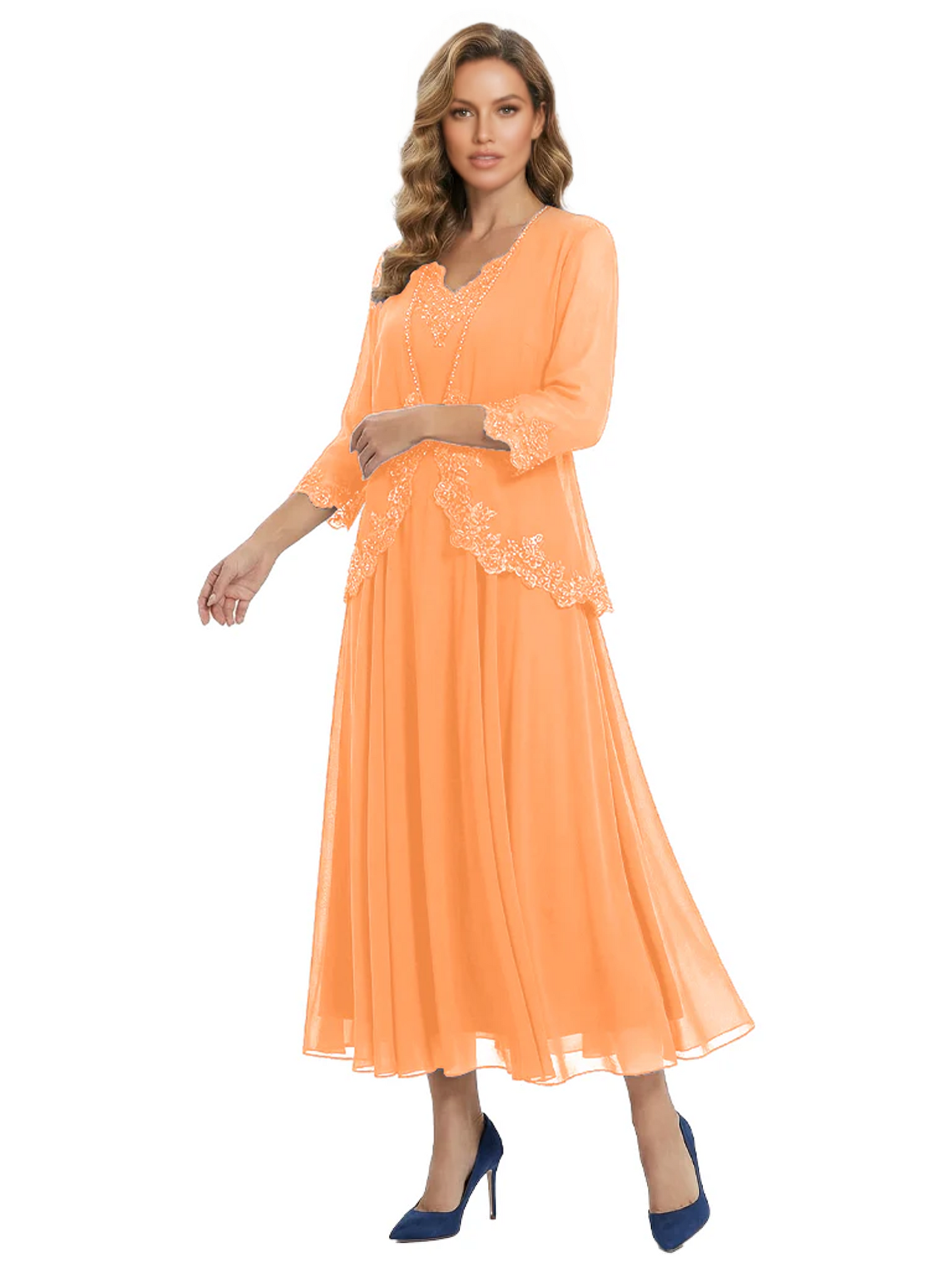 3/4 Sleeve Chiffon Mother of the Brides Dresses V-Neck Wedding Party Gowns
