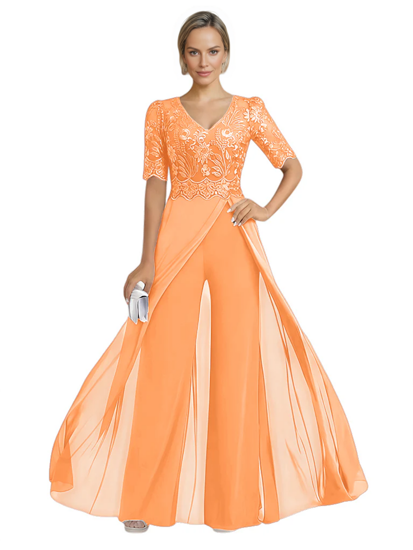 V-Neck Chiffon Mother of the Brides Jumpsuits Dresses Floor Length A-Line Lace