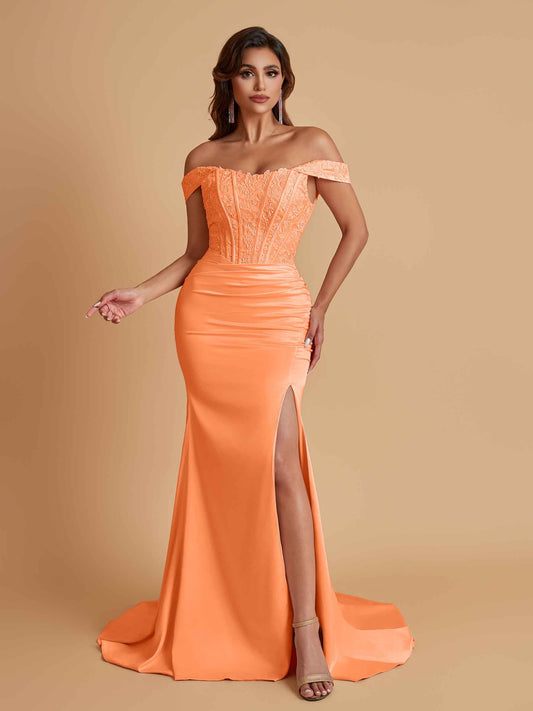 Elegant Soft Satin Mermaid Off Shoulder Side Slit Floor-Length Mermaid Bridesmaid Dresses
