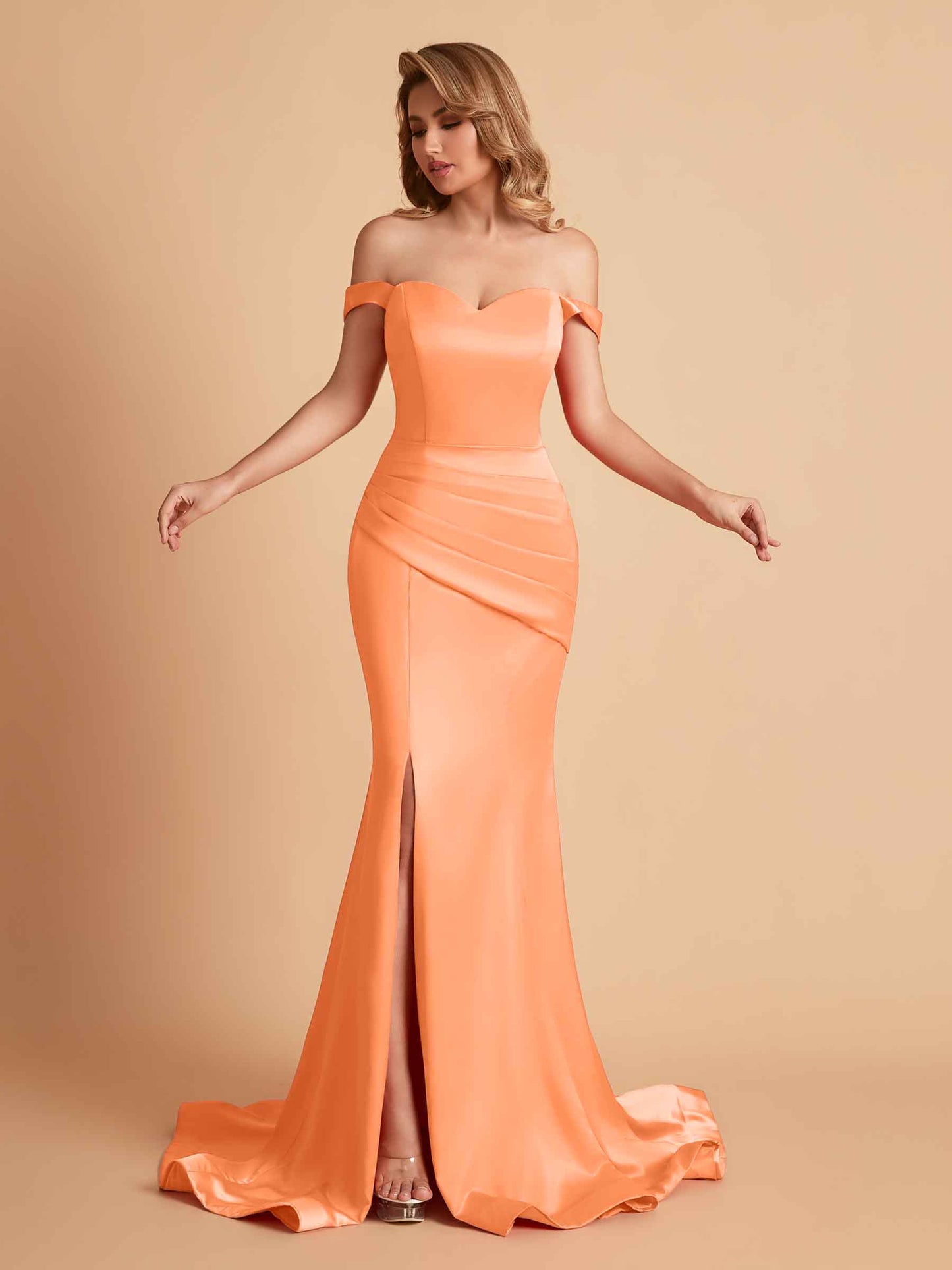 Elegant Satin Off the Shoulder Mermaid Side Slit Floor Length Bridesmaid Dresses