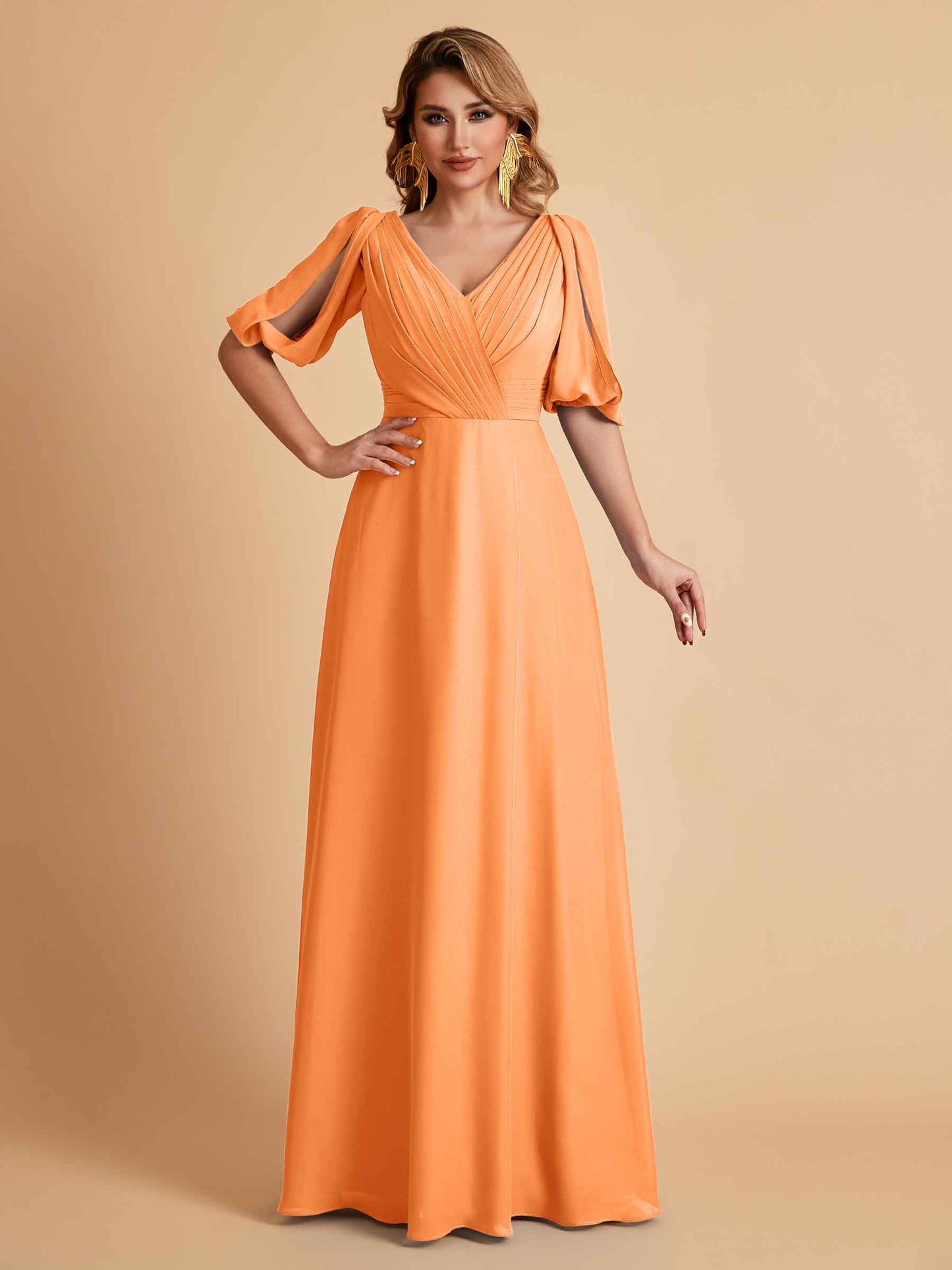 Elegant A-Line Chiffon Half Sleeves V-Neck Mother of the Brides Dresses Online
