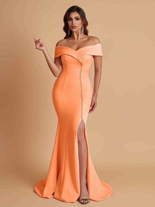 Elegant Soft Satin Mermaid Off Shoulder Side Slit Floor-Length Bridesmaid Dresses
