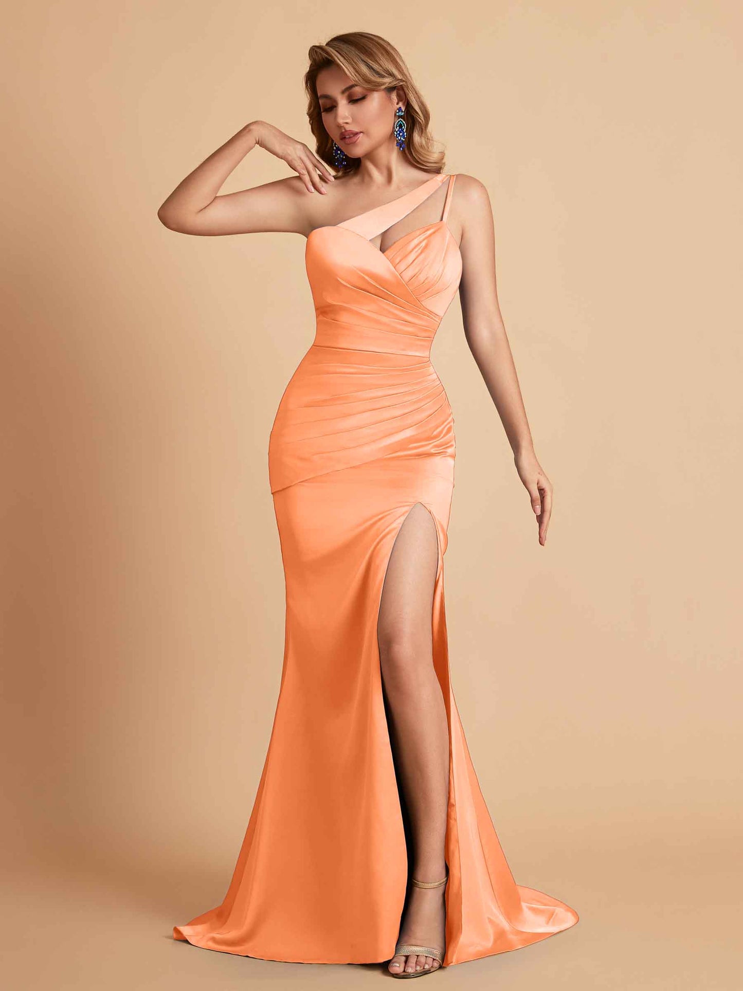 Elegant Satin One Shoulder Mermaid Side Slit Floor Length Bridesmaid Dresses