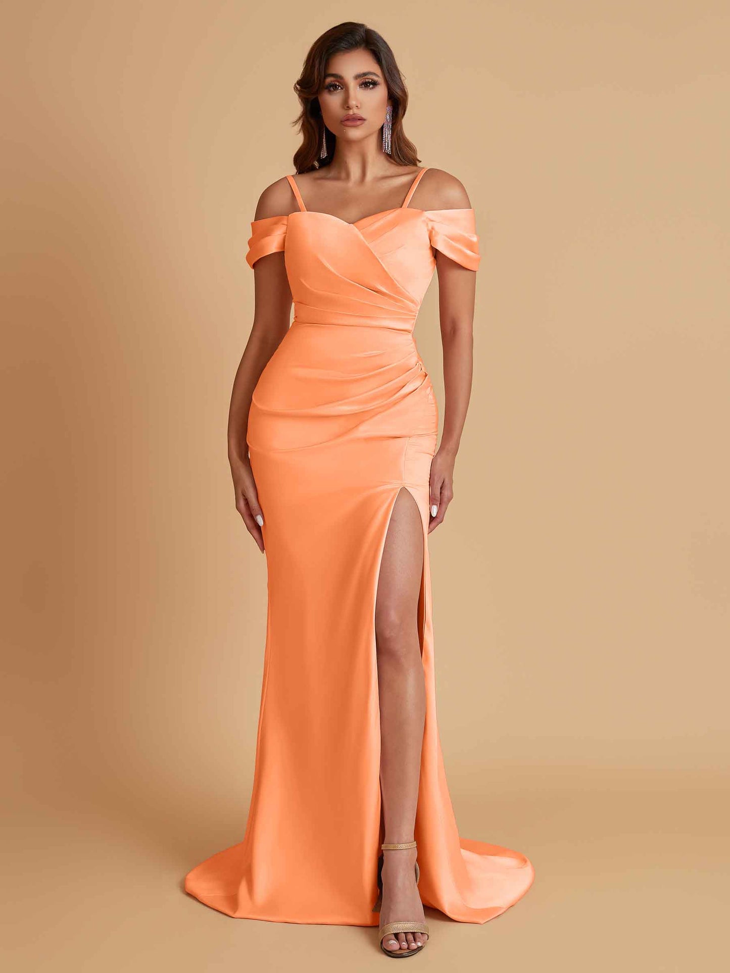 Sexy Soft Satin Mermaid Cold Shoulder Side Slit Floor-Length Bridesmaid Dresses Online